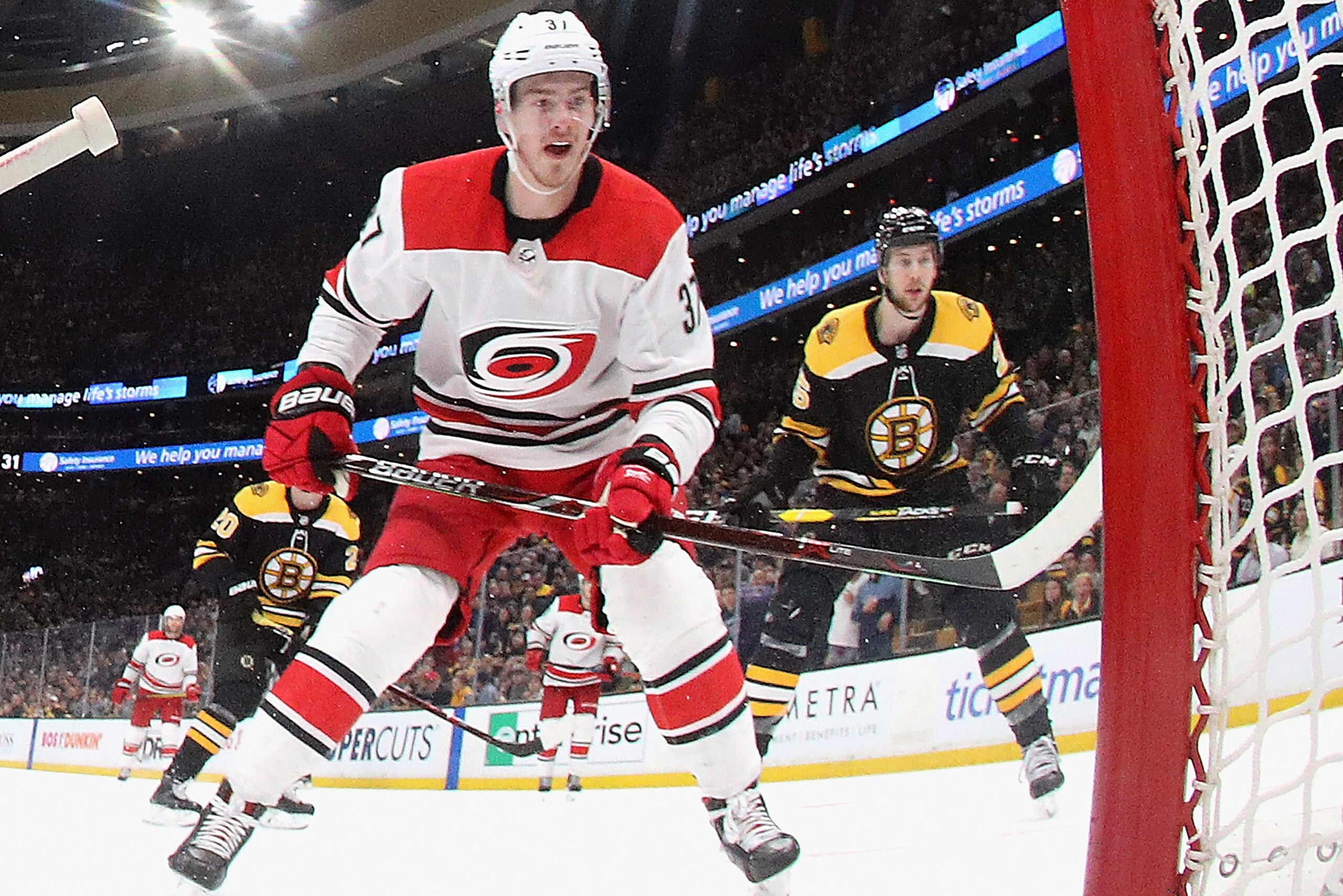 BOSTON, MASSACHUSETTS - MAY 09: Andrei Svechnikov #37 of the Carolina Hurricanes skates against the Boston Bruins in Game One of the Eastern Conference Final during the 2019 NHL Stanley Cup Playoffs at TD Garden on May 09, 2019 in Boston, Massachusetts. (