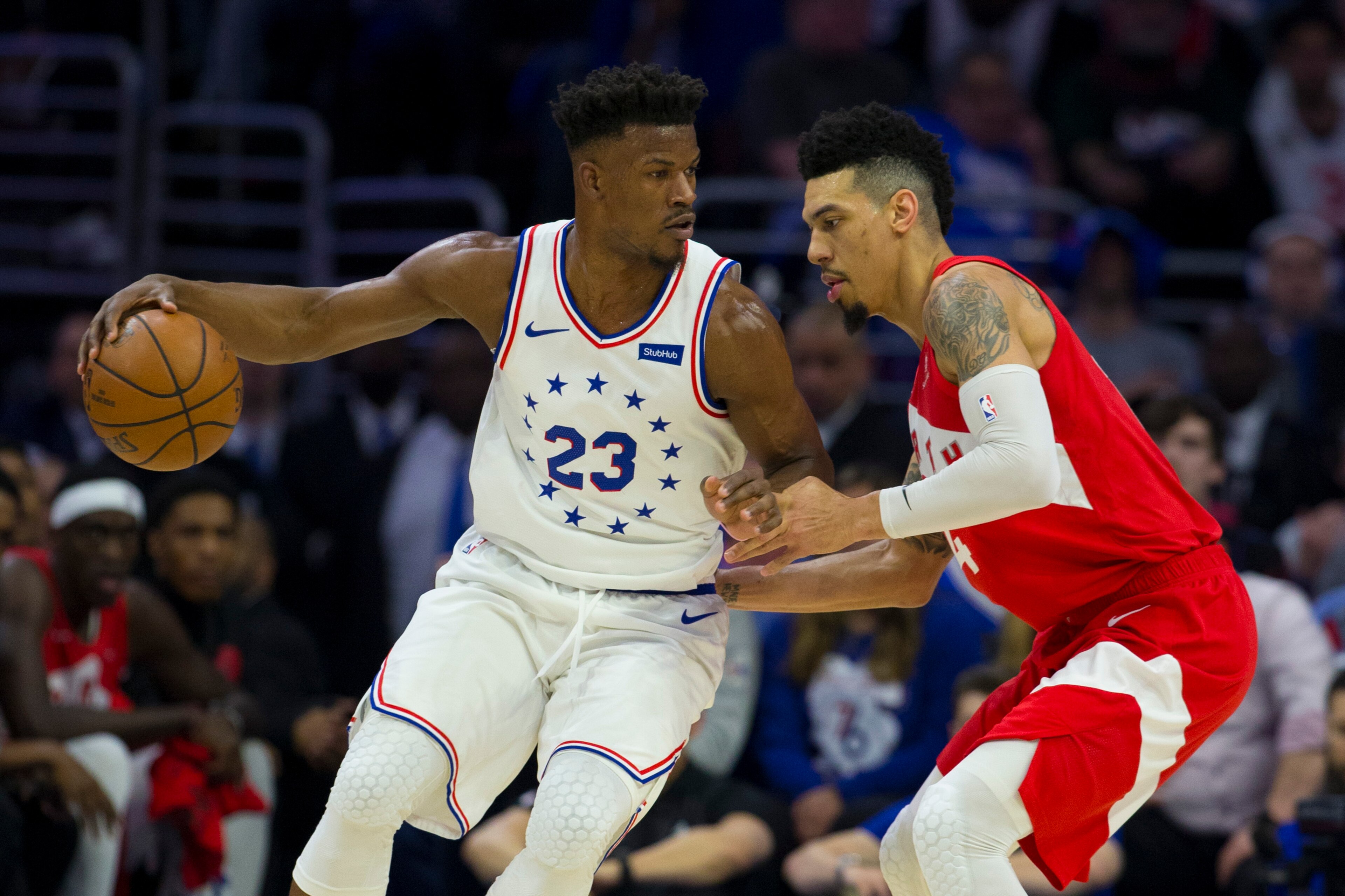 PHILADELPHIA, PA - MAY 09: Jimmy Butler #23 of the Philadelphia 76ers dribbles the ball against Danny Green #14 of the Toronto Raptors in the first quarter of Game Six of the Eastern Conference Semifinals at the Wells Fargo Center on May 9, 2019 in Philad