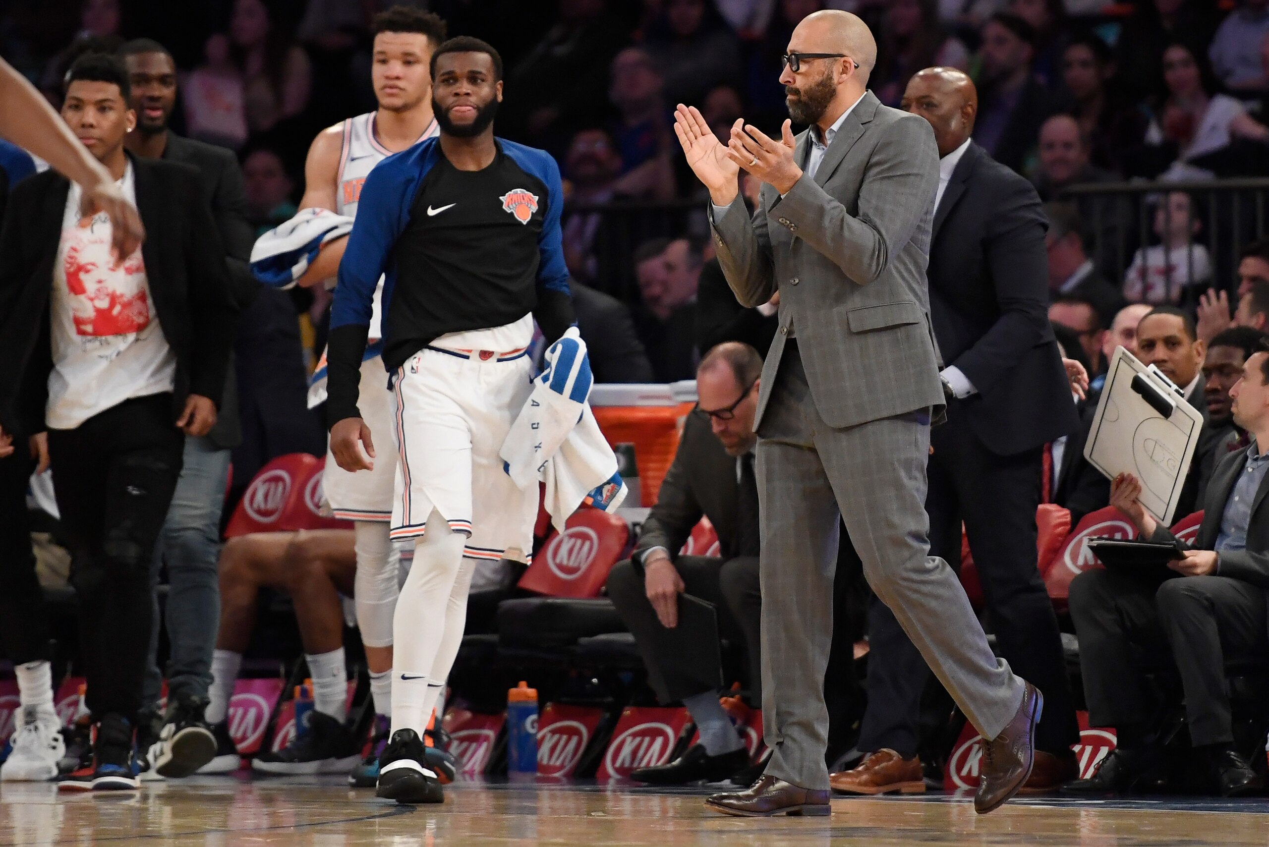 NEW YORK, NEW YORK - MARCH 22: Head coach David Fizdale of the New York Knicks reacts during the first half of the game against the Denver Nuggets at Madison Square Garden on March 22, 2019 in New York City. NOTE TO USER: User expressly acknowledges and a