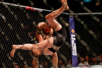 RIO DE JANEIRO, BRAZIL - MAY 11: Jessica Andrade of Brazil attempts to slam Rose Namajunas of USA in their women's strawweight championship bout during the UFC 237 event at Jeunesse Arena on May 11, 2019 in Rio de Janeiro, Brazil. (Photo by Alexandre Schn