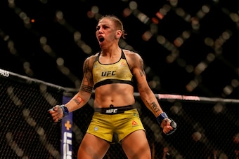 RIO DE JANEIRO, BRAZIL - MAY 11: Jessica Andrade of Brazil celebrates after her knockout victory over Rose Namajunas of USA in their women's strawweight championship bout during the UFC 237 event at Jeunesse Arena on May 11, 2019 in Rio de Janeiro, Brazil