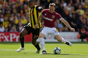 WATFORD, ENGLAND - MAY 12: Mark Noble of West Ham United scores their first goal during the Premier League match between Watford FC and West Ham United at Vicarage Road on May 12, 2019 in Watford, United Kingdom. (Photo by Henry Browne/Getty Images)