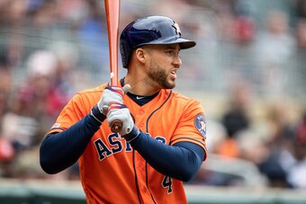 MINNEAPOLIS, MN - MAY 02: George Springer #4 of the Houston Astros bats against the Minnesota Twins on May 2, 2019 at the Target Field in Minneapolis, Minnesota. The Twins defeated the Astros 8-2. (Photo by Brace Hemmelgarn/Minnesota Twins/Getty Images)