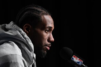 TORONTO, CANADA - MAY 12:  Kawhi Leonard #2 of the Toronto Raptors speaks with the media after Game Seven of the Eastern Conference Semi-Finals of the 2019 NBA Playoffs against the Philadelphia 76ers on May 12, 2019 at the Scotiabank Arena in Toronto, Ont