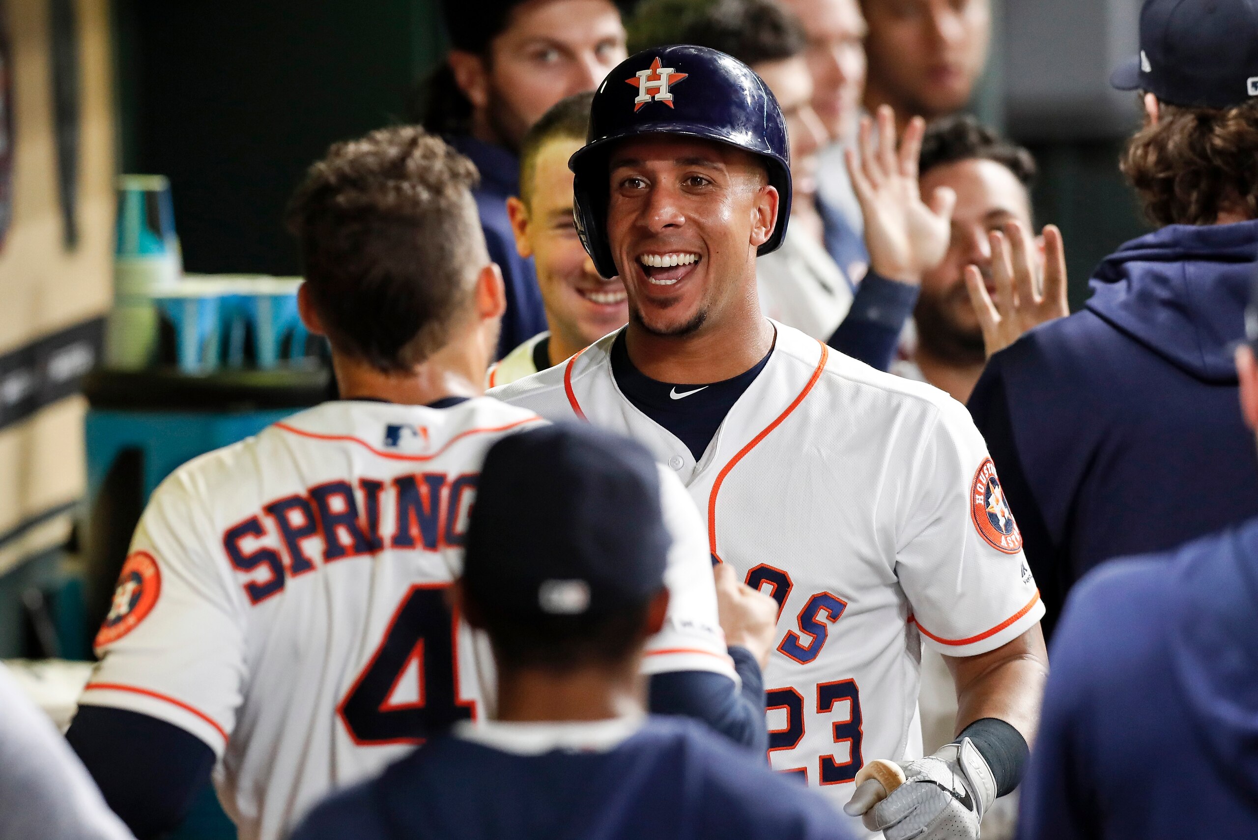 HOUSTON, TX - MAY 08:  Michael Brantley #23 of the Houston Astros celebrates with teammates in the dugout after a two run home run in the third inning against the Kansas City Royals at Minute Maid Park on May 8, 2019 in Houston, Texas.  (Photo by Tim Warn