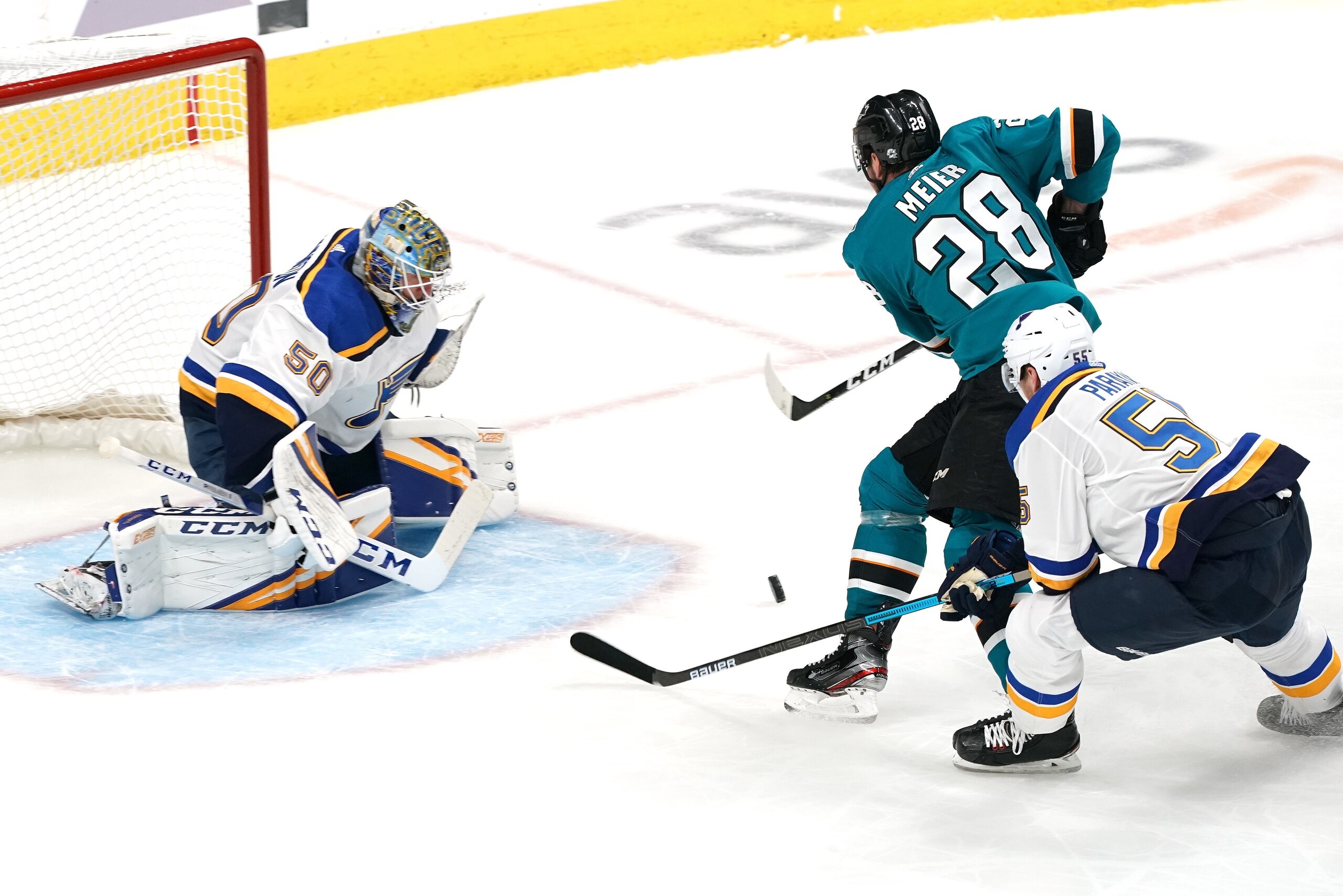 SAN JOSE, CALIFORNIA - MAY 11: Timo Meier #28 of the San Jose Sharks looks to take a shot against Jordan Binnington #50 of the St. Louis Blues during the second period in Game One of the Western Conference Finals during the 2019 NHL Stanley Cup Playoffs a