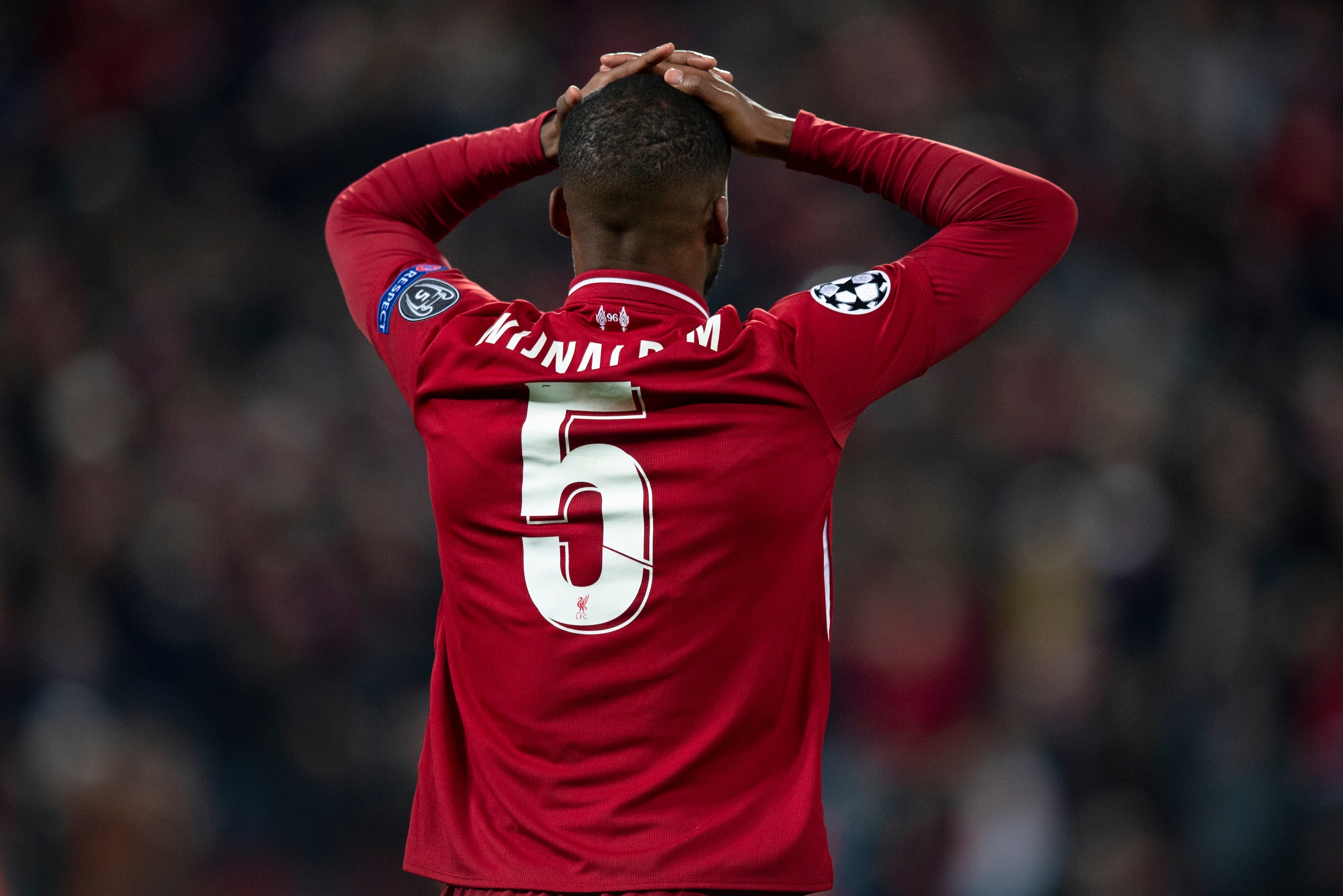LIVERPOOL, ENGLAND - MAY 07: Georginio Wijnaldum of Liverpool puts his hands on his head in disbelief after the UEFA Champions League Semi Final second leg match between Liverpool and Barcelona at Anfield on May 7, 2019 in Liverpool, England. (Photo by Vi