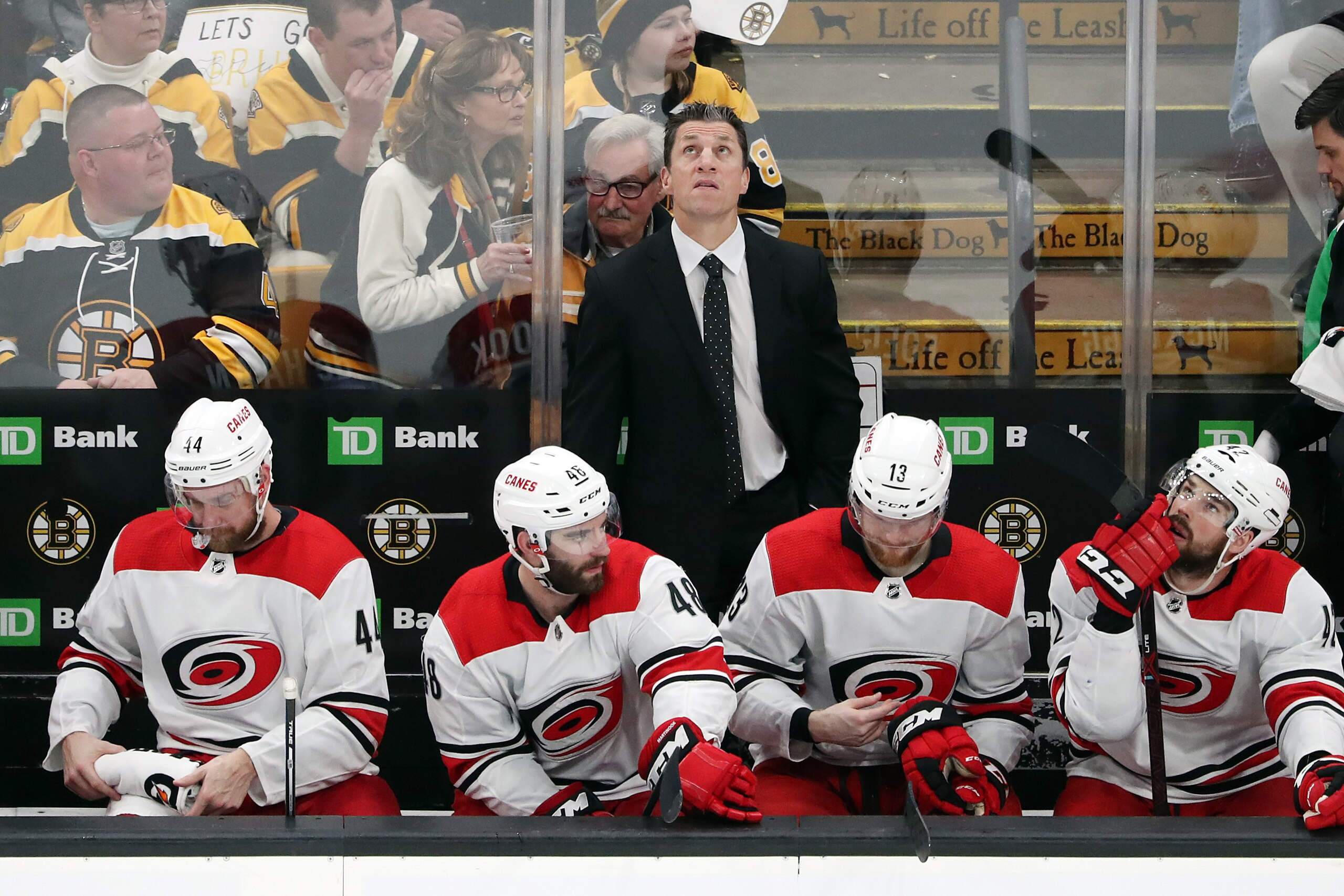 BOSTON, MASSACHUSETTS - MAY 12: Head coach Rod Brind'Amour of the Carolina Hurricanes reacts during Game Two of the Eastern Conference Final against the Boston Bruins during the 2019 NHL Stanley Cup Playoffs at TD Garden on May 12, 2019 in Boston, Massach