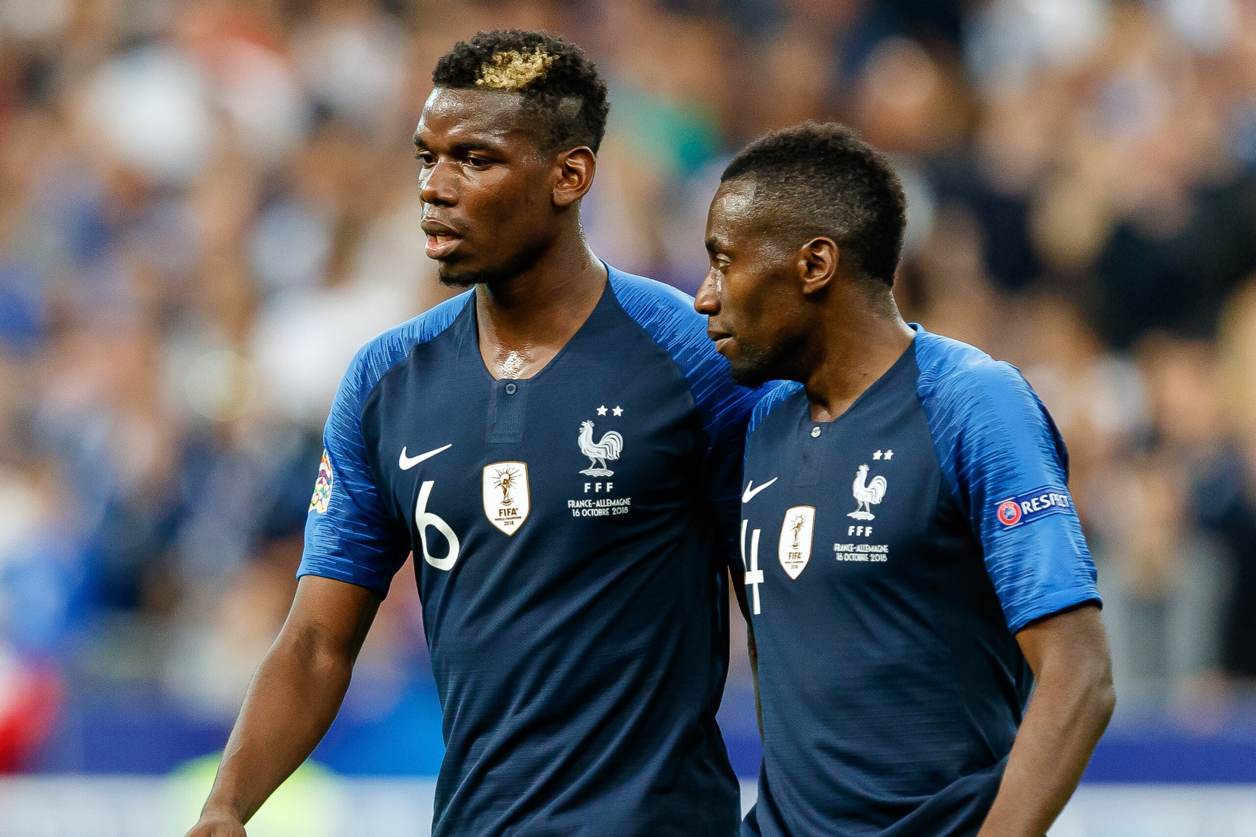 PARIS, FRANCE - OCTOBER 16: Paul Pogba of France and Blaise Matuidi of France look on during the UEFA Nations League A group one match between France and Germany at Stade de France on October 16, 2018 in Paris, France. (Photo by TF-Images/Getty Images)