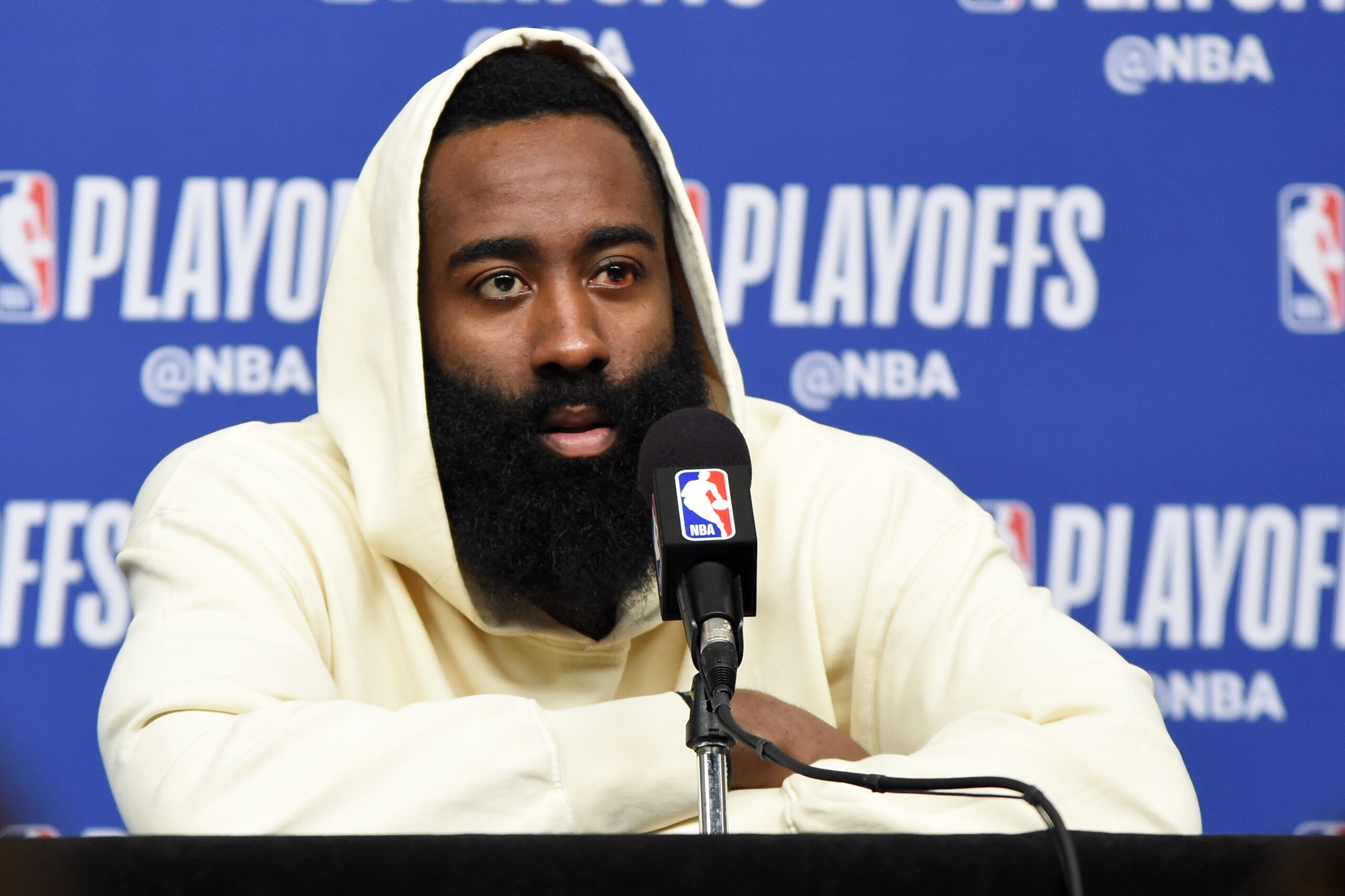 HOUSTON, TX - MAY 10: James Harden #13 of the Houston Rockets speaks to the media after Game Six of the Western Conference Semifinals against the Golden State Warriors during the 2019 NBA Playoffs on May 10, 2019 at the Toyota Center in Houston, Texas. NO