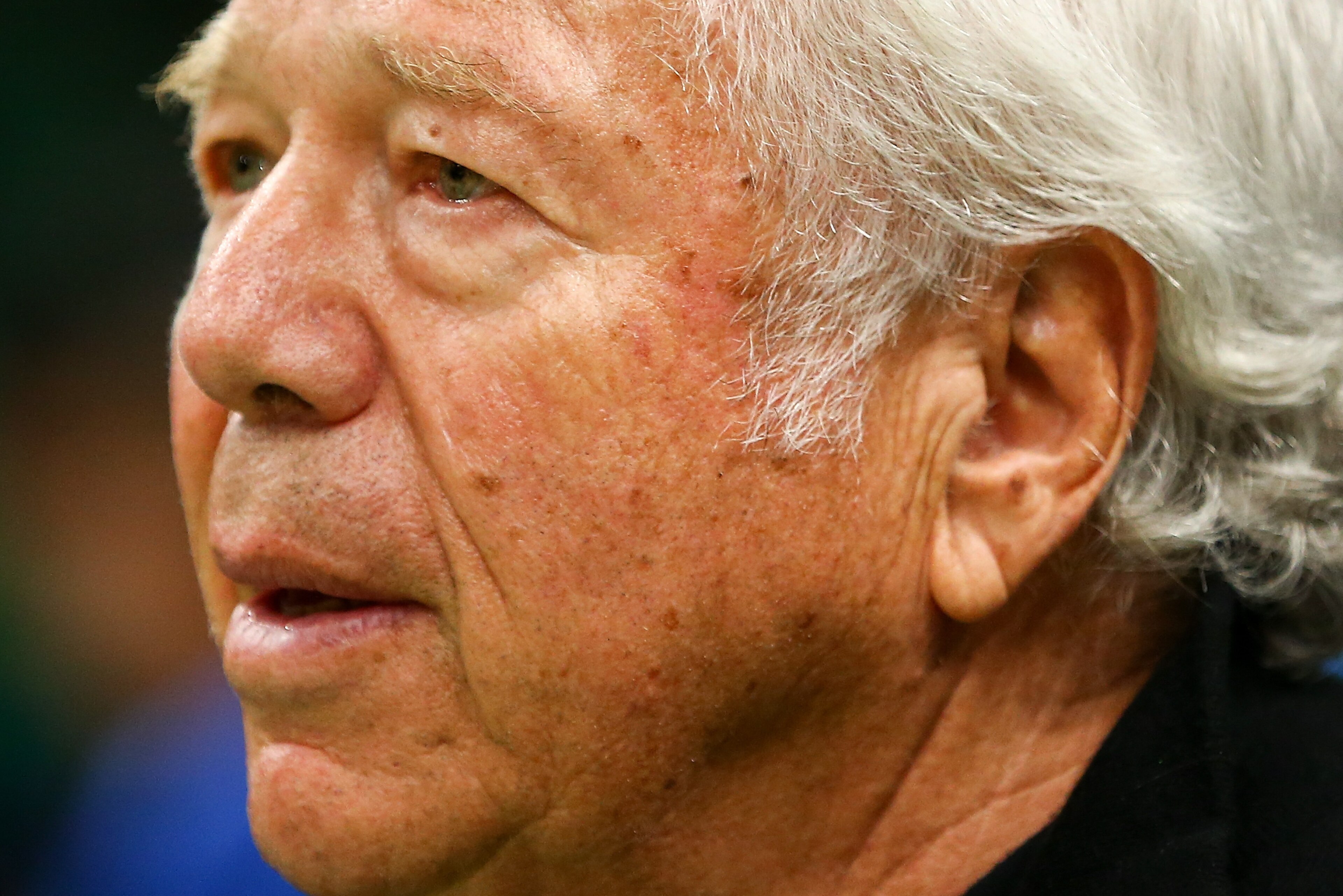 BOSTON, MA - APRIL 14:  Robert Kraft, owner of the New England Patriots looks on during Game One of the first round of the 2019 NBA Eastern Conference Playoffs between the Boston Celtics and the Indiana Pacers at TD Garden on April 14, 2019 in Boston, Mas