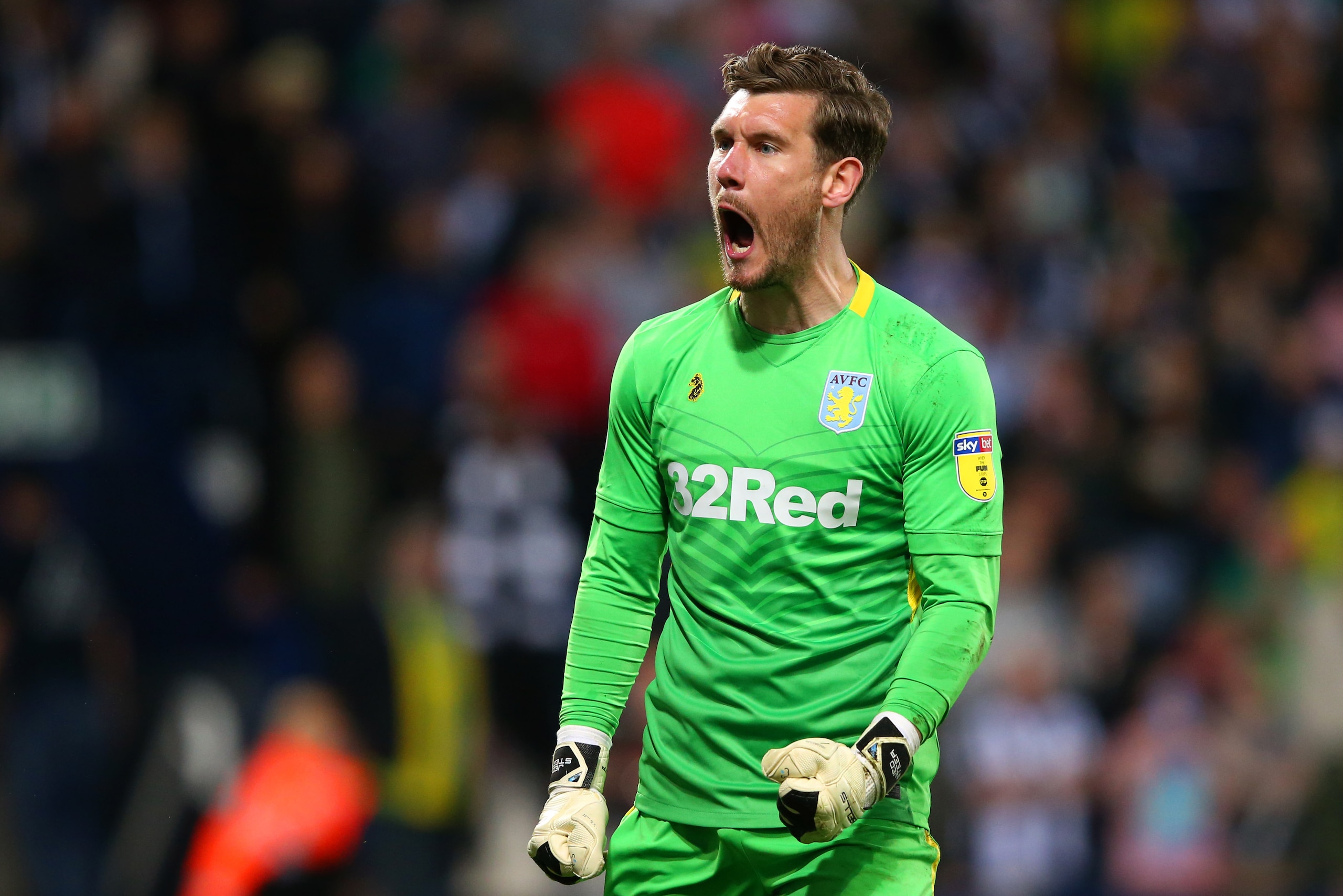 WEST BROMWICH, ENGLAND - MAY 14:  Jed Steer of Aston Villa celebrates as he saves a penalty from Mason Holgate of West Bromwich Albion in the shoot out during the Sky Bet Championship Play-off semi final second leg match between West Bromwich Albion and A