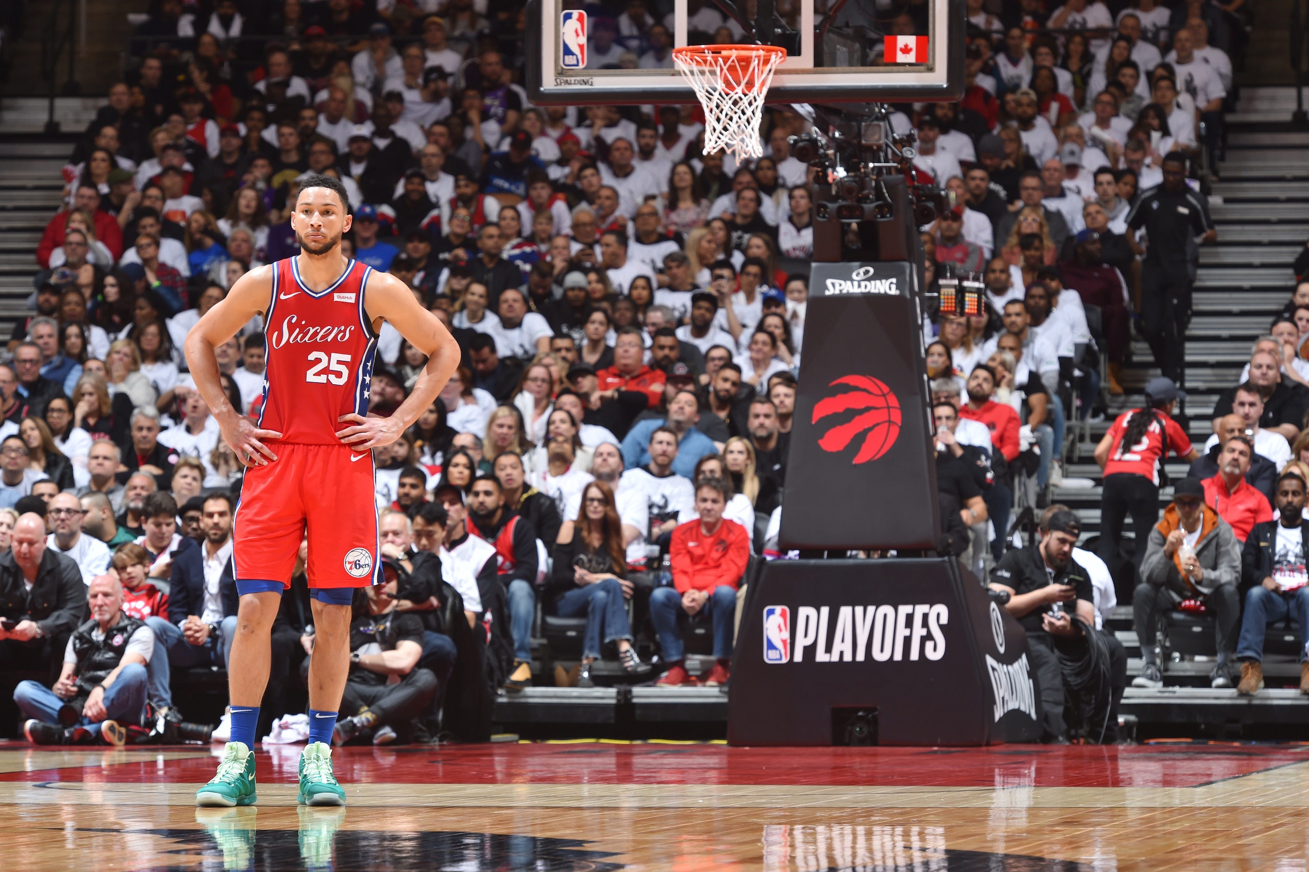TORONTO, CANADA - MAY 12: Ben Simmons #25 of the Philadelphia 76ers looks on against the Toronto Raptors during Game Seven of the Eastern Conference Semi-Finals of the 2019 NBA Playoffs on May 12, 2019 at the Scotiabank Arena in Toronto, Ontario, Canada. 