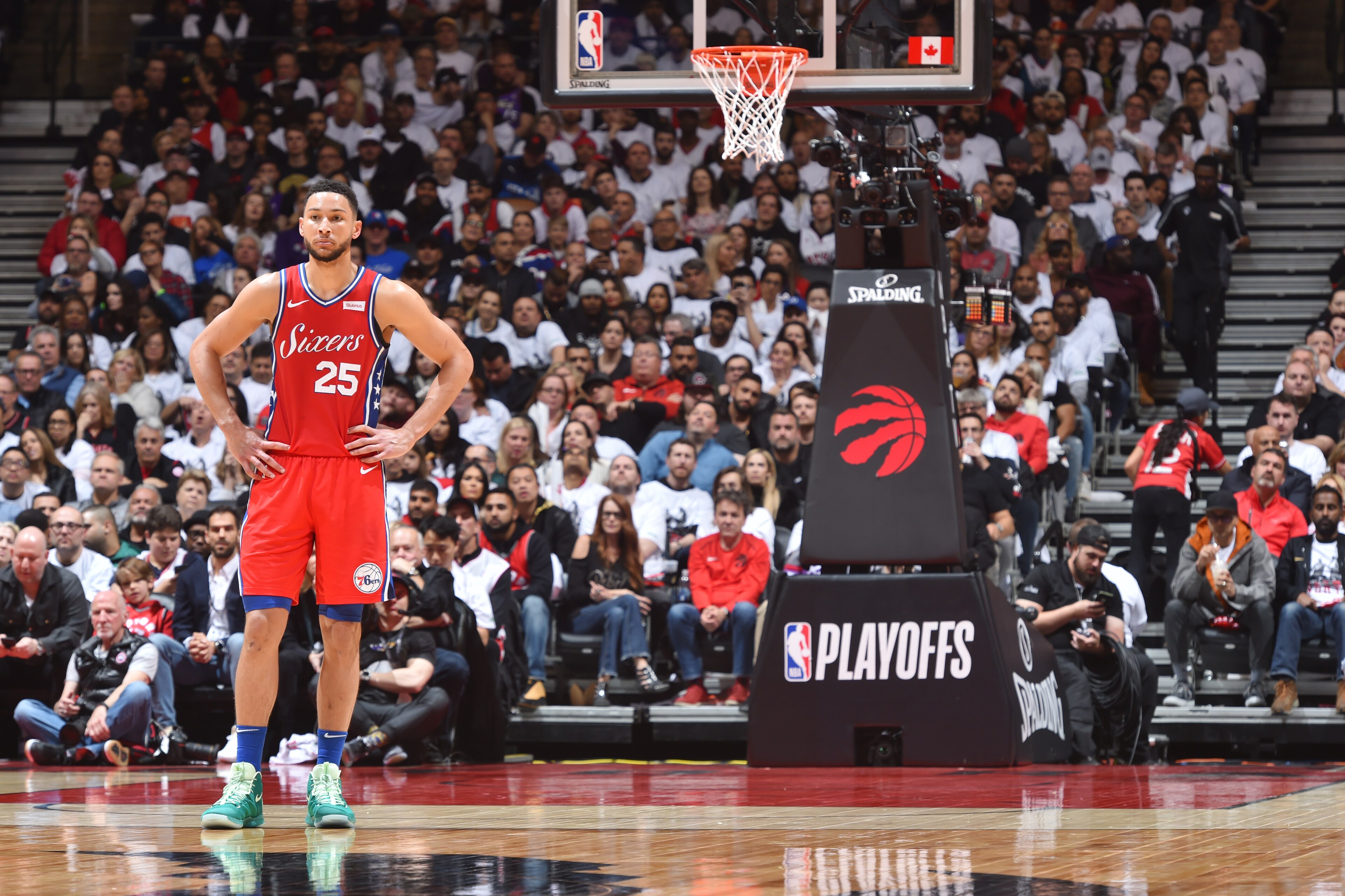 TORONTO, CANADA - MAY 12: Ben Simmons #25 of the Philadelphia 76ers looks on against the Toronto Raptors during Game Seven of the Eastern Conference Semi-Finals of the 2019 NBA Playoffs on May 12, 2019 at the Scotiabank Arena in Toronto, Ontario, Canada. 