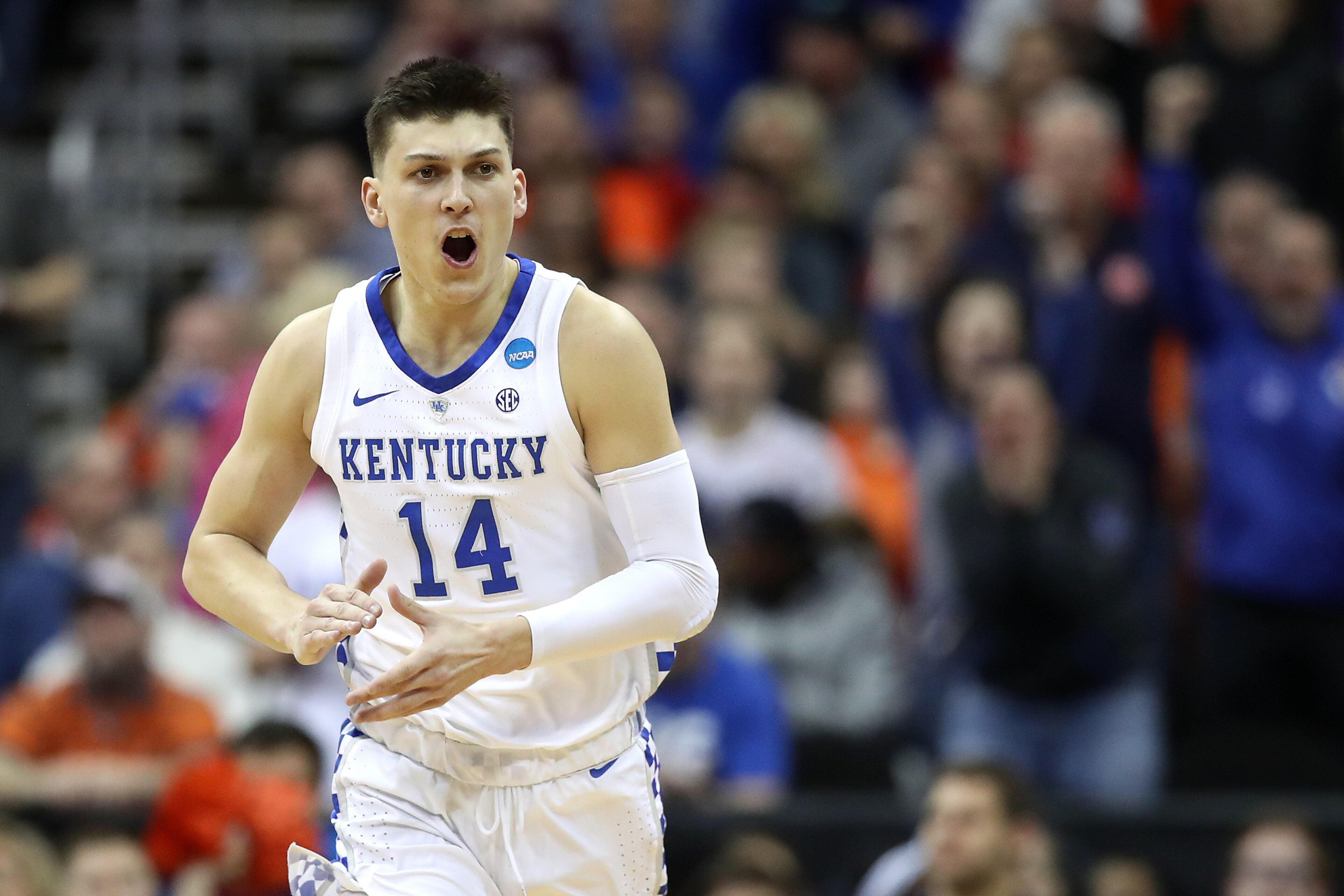 KANSAS CITY, MISSOURI - MARCH 31: Tyler Herro #14 of the Kentucky Wildcats reacts against the Auburn Tigers during the 2019 NCAA Basketball Tournament Midwest Regional at Sprint Center on March 31, 2019 in Kansas City, Missouri. (Photo by Christian Peters