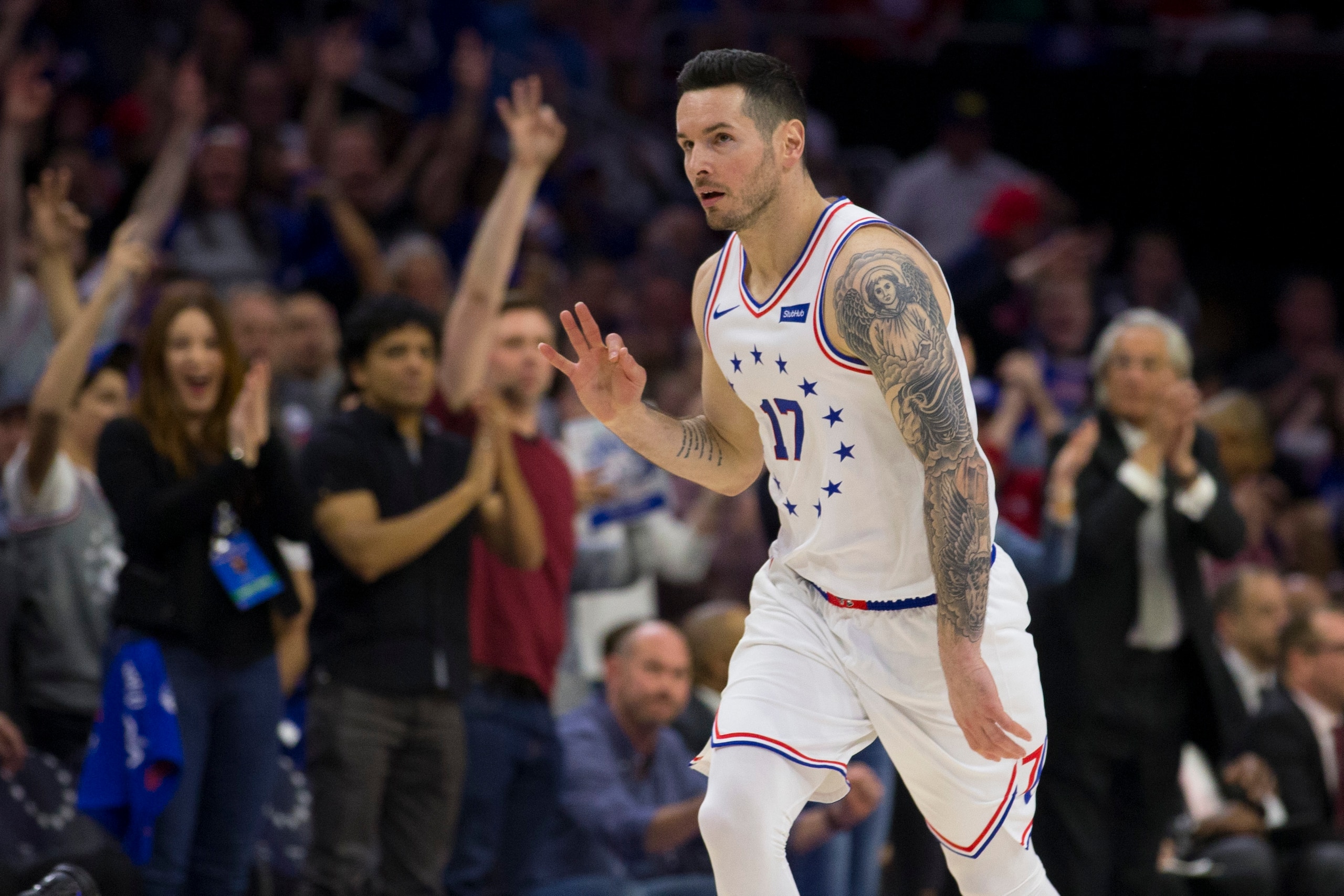 PHILADELPHIA, PA - MAY 09: JJ Redick #17 of the Philadelphia 76ers reacts after making a three point basket against the Toronto Raptors in the second quarter of Game Six of the Eastern Conference Semifinals at the Wells Fargo Center on May 9, 2019 in Phil