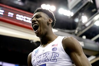 WASHINGTON, DC - MARCH 31:  RJ Barrett #5 of the Duke Blue Devils celebrates a basket against the Michigan State Spartans during the second half in the East Regional game of the 2019 NCAA Men's Basketball Tournament at Capital One Arena on March 31, 2019 
