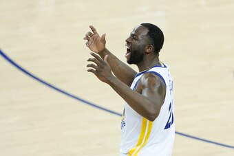 OAKLAND, CALIFORNIA - MAY 14: Draymond Green #23 of the Golden State Warriors reacts during the second half against the Portland Trail Blazers in game one of the NBA Western Conference Finals at ORACLE Arena on May 14, 2019 in Oakland, California. NOTE TO