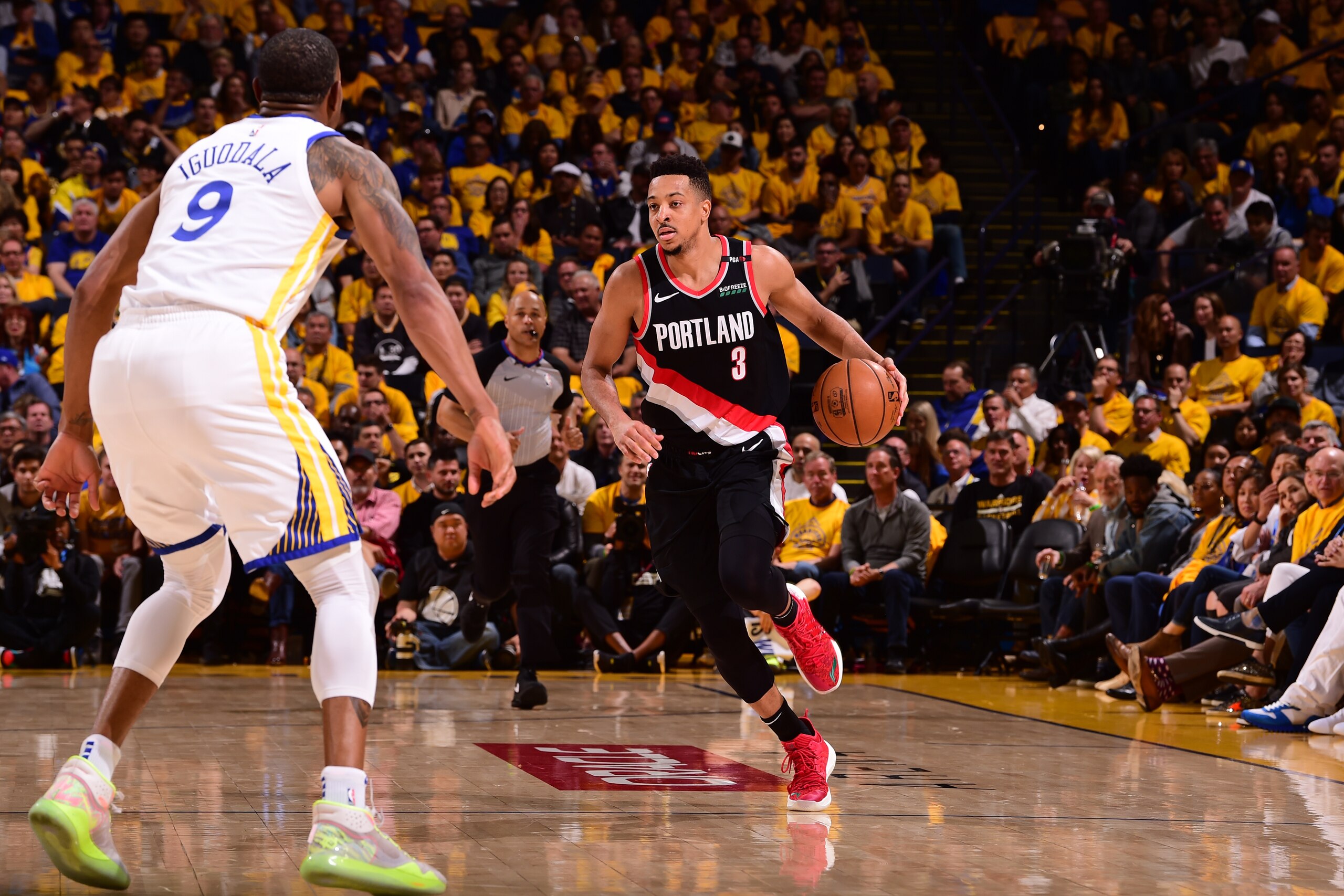 OAKLAND, CA - MAY 14: CJ McCollum #3 of the Portland Trail Blazers handles the ball against the Golden State Warriors  during Game One of the 2019 Western Conference Finals of the NBA Playoffs at the ORACLE Arena on May 14, 2019 in Oakland, California. NO