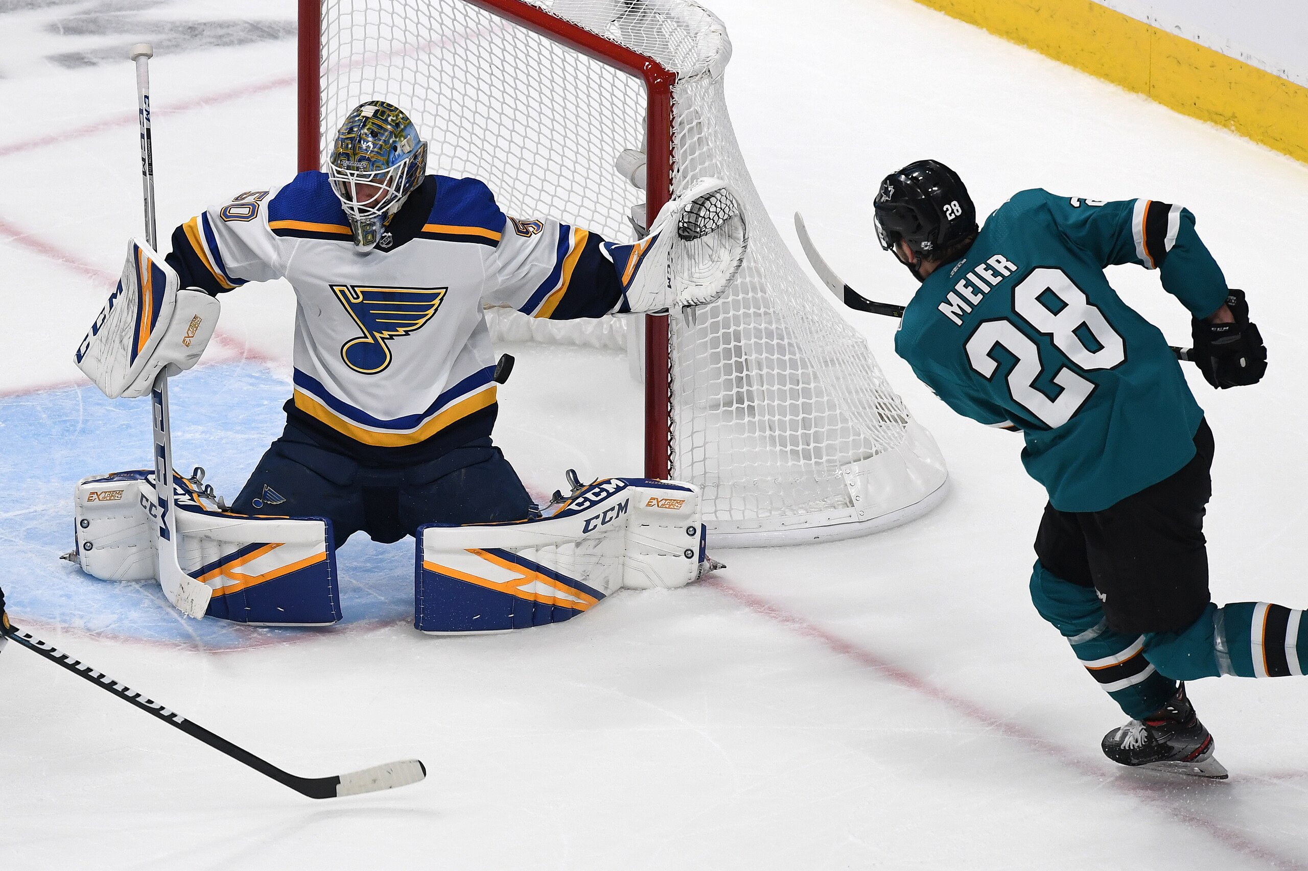 SAN JOSE, CALIFORNIA - MAY 13: Jordan Binnington #50 of the St. Louis Blues makes a save against Timo Meier #28 of the San Jose Sharks in Game Two of the Western Conference Final during the 2019 NHL Stanley Cup Playoffs at SAP Center on May 13, 2019 in Sa SAN JOSE, CALIFORNIA - MAY 13: Jordan Binnington #50 of the St. Louis Blues makes a save against Timo Meier #28 of the San Jose Sharks in Game Two of the Western Conference Final during the 2019 NHL Stanley Cup Playoffs at SAP Center on May 13, 2019 in Sa