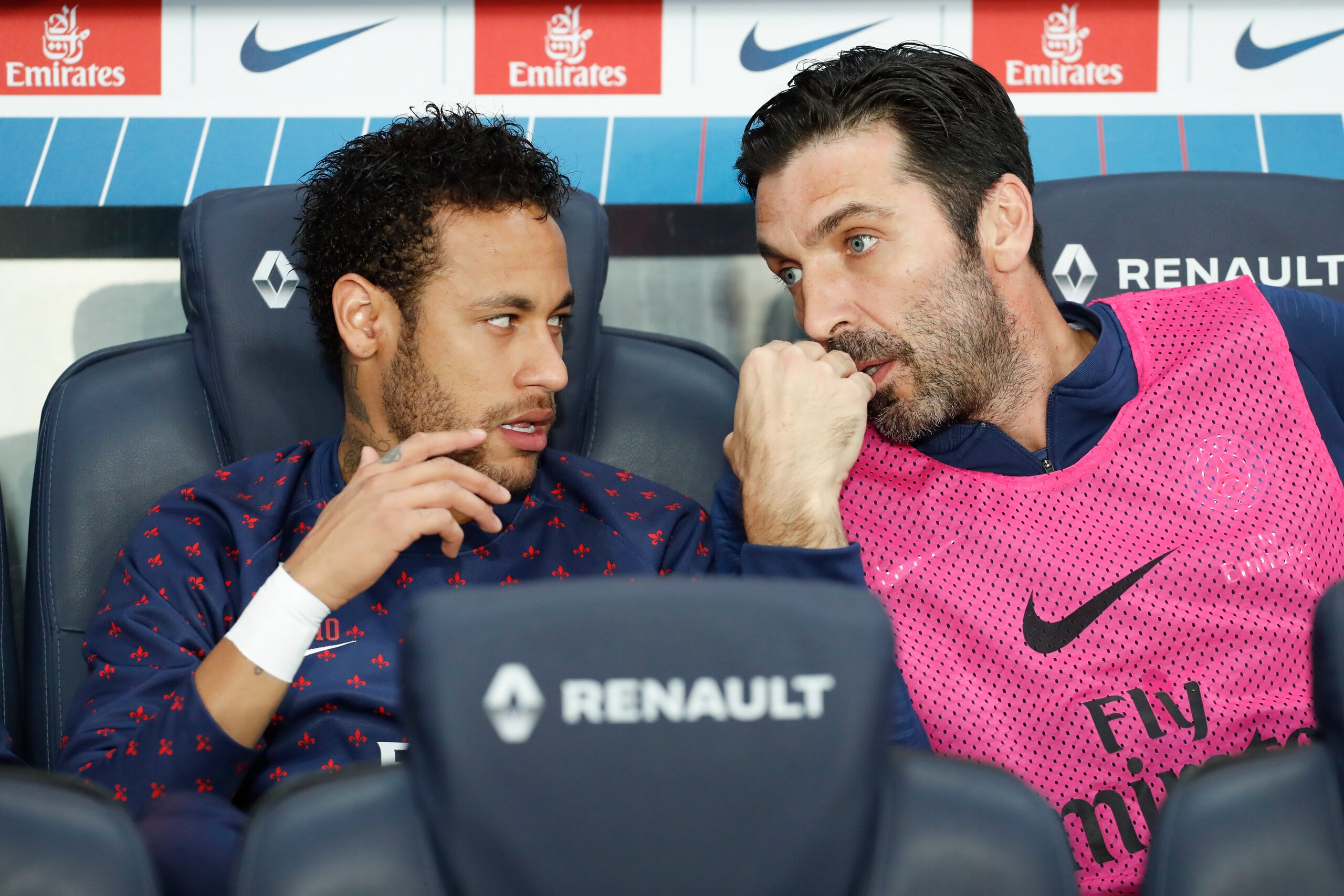 PARIS, FRANCE - APRIL 21: Neymar Jr #10 and Gianluigi Buffon #1 of Paris Saint-Germain are on the bench talking before the Ligue 1 match between Paris Saint-Germain and AS Monaco at Parc des Princes on April 21, 2019 in Paris, France. (Photo by Catherine 