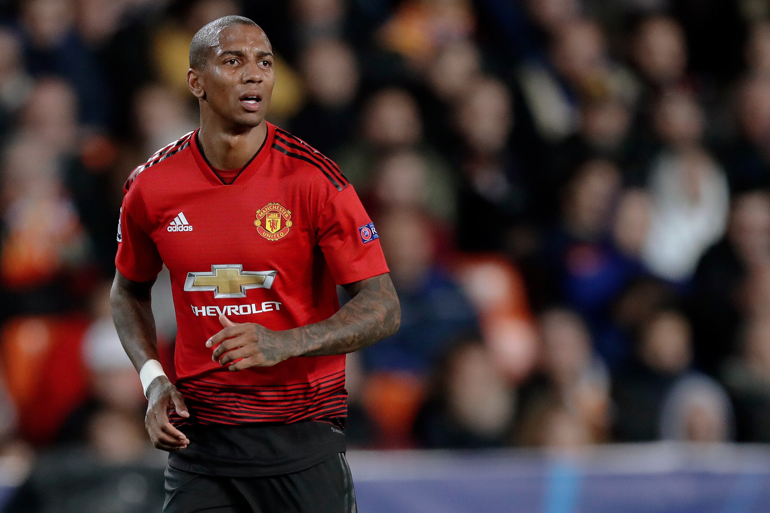 VALENCIA, SPAIN - DECEMBER 12: Ashley Young of Manchester United  during the UEFA Champions League  match between Valencia v Manchester United at the Estadio de Mestalla on December 12, 2018 in Valencia Spain (Photo by Jeroen Meuwsen/Soccrates/Getty Image