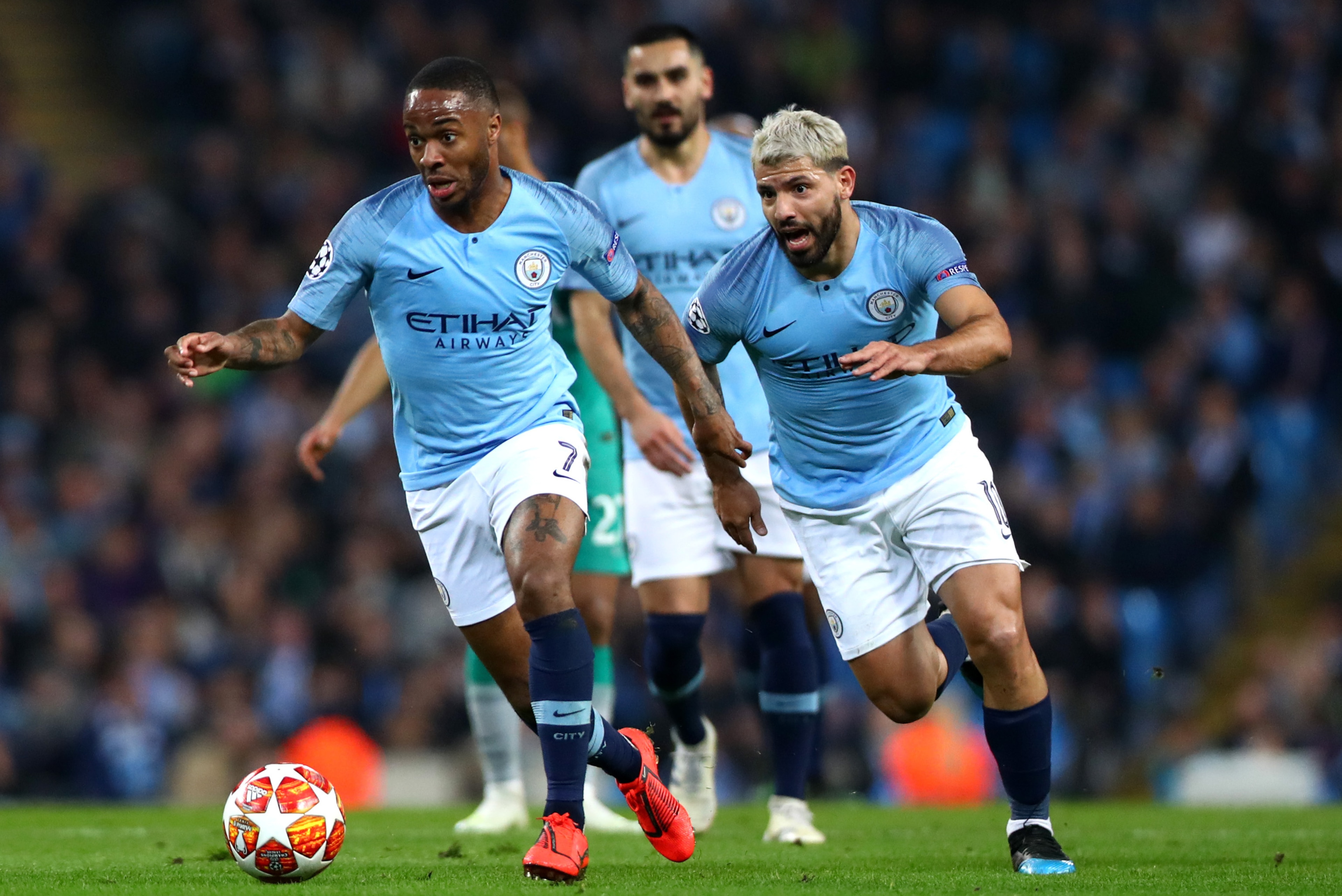 MANCHESTER, ENGLAND - APRIL 17: Raheem Sterling of Manchester City charges with the ball during the UEFA Champions League Quarter Final second leg match between Manchester City and Tottenham Hotspur at Etihad Campus on April 17, 2019 in Manchester, Englan