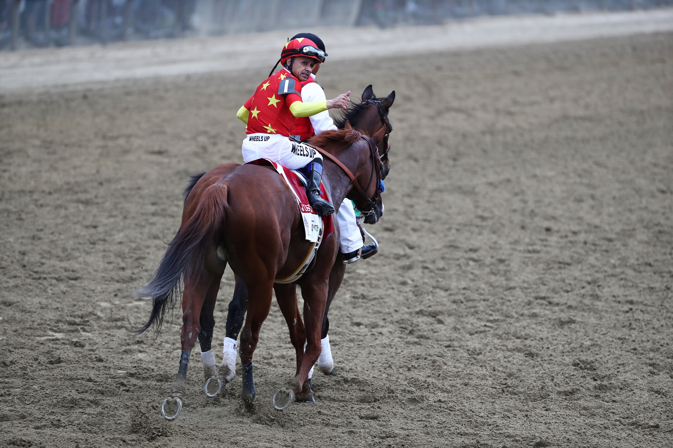 ELMONT, NY - JUNE 09:  Jockey Mike Smith celebrates atop of Justify #1 during the 150th running of the Belmont Stakes at Belmont Park on June 9, 2018 in Elmont, New York. Justify becomes the thirteenth Triple Crown winner and the first since American Phar