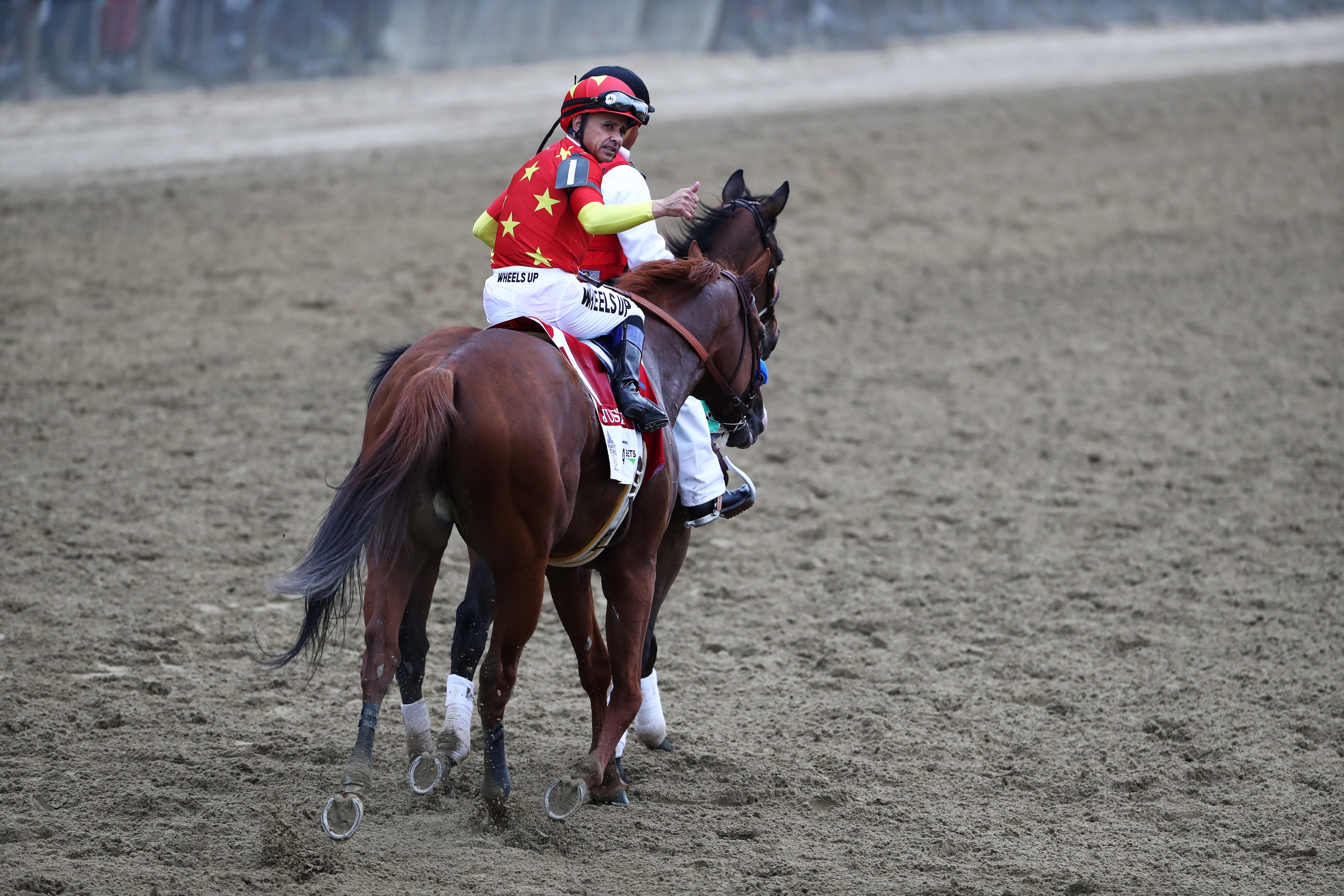 ELMONT, NY - JUNE 09:  Jockey Mike Smith celebrates atop of Justify #1 during the 150th running of the Belmont Stakes at Belmont Park on June 9, 2018 in Elmont, New York. Justify becomes the thirteenth Triple Crown winner and the first since American Phar