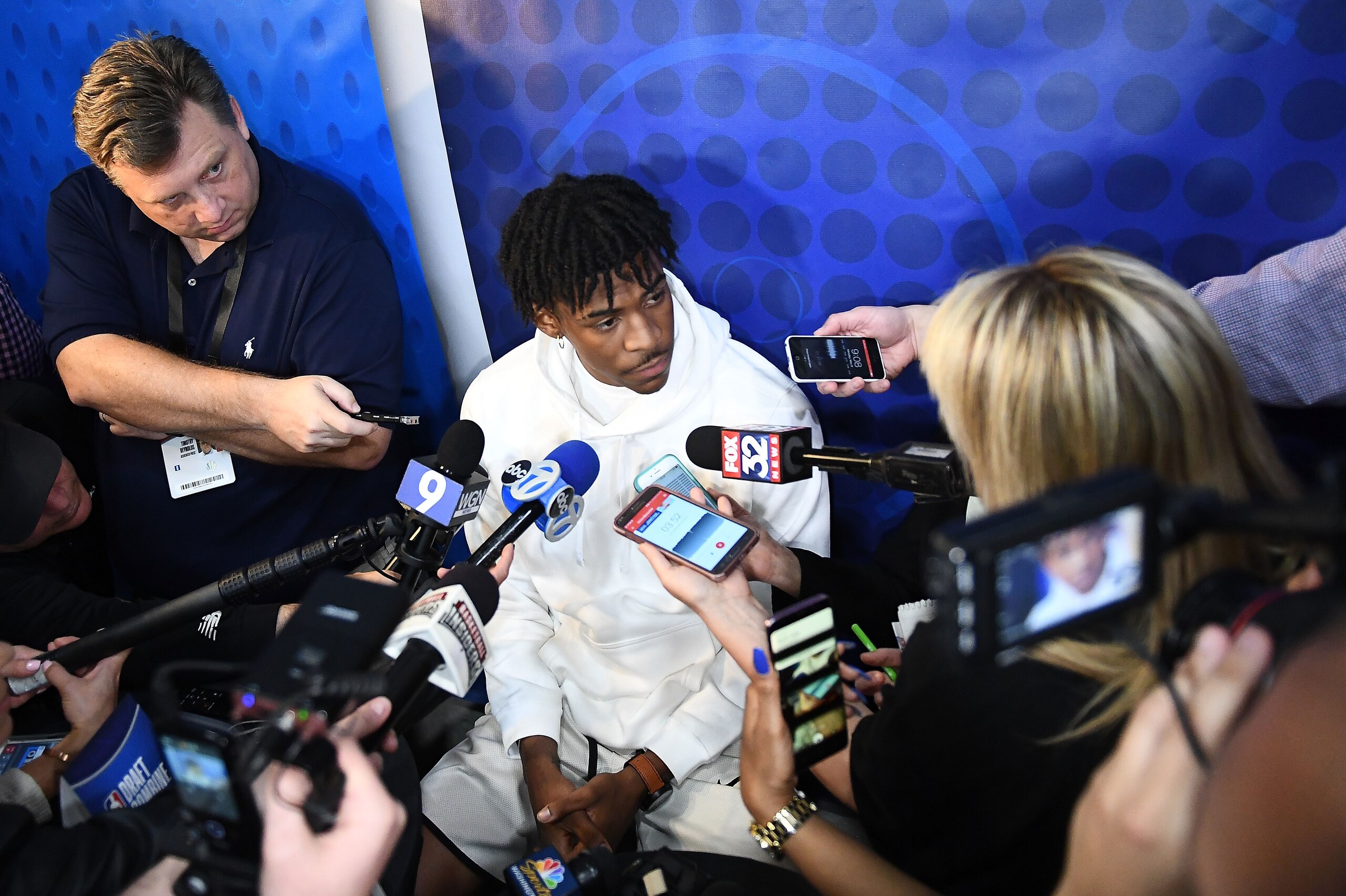 CHICAGO, ILLINOIS - MAY 16: Ja Morant speaks with the media during Day One of the NBA Draft Combine at Quest MultiSport Complex on May 16, 2019 in Chicago, Illinois.  NOTE TO USER: User expressly acknowledges and agrees that, by downloading and or using t
