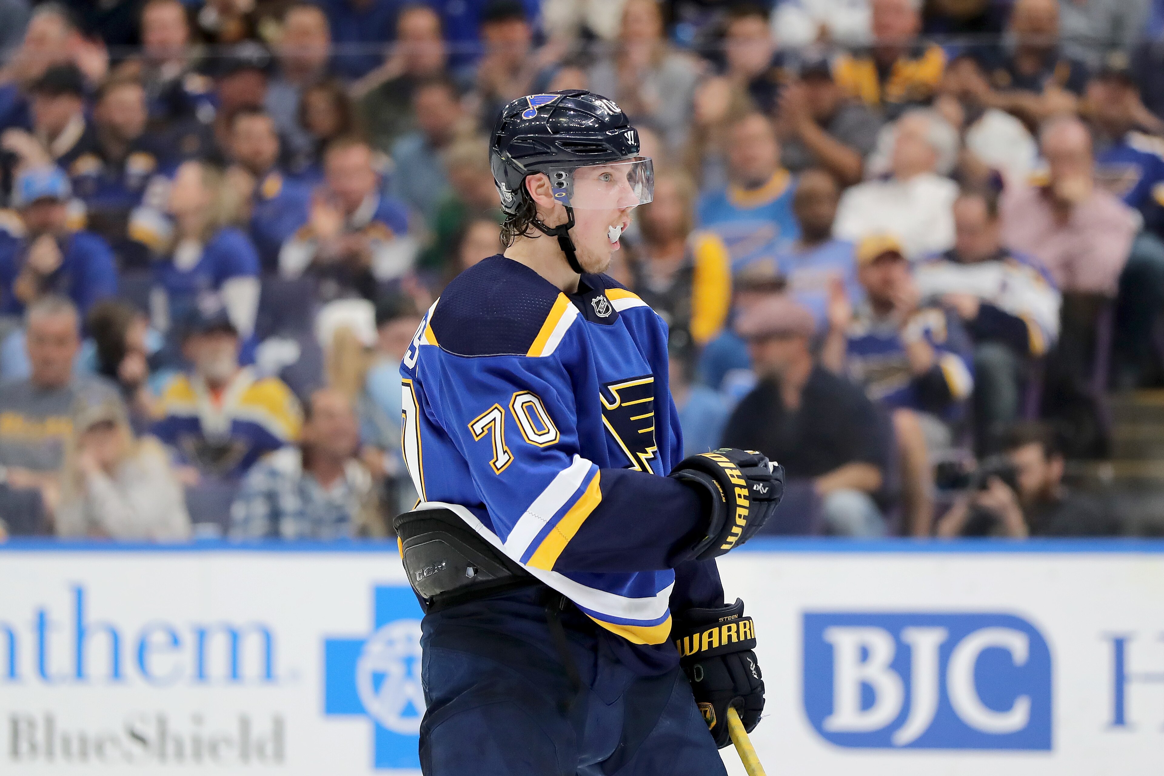 ST LOUIS, MISSOURI - MAY 15: Oskar Sundqvist #70 of the St. Louis Blues looks on against the San Jose Sharks during the third period in Game Three of the Western Conference Finals during the 2019 NHL Stanley Cup Playoffs at Enterprise Center on May 15, 20