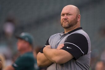 PHILADELPHIA, PA - AUGUST 30: Joe Douglas, Vice President of Player Personnel of the Philadelphia Eagles, looks on prior to the game against the New York Jets during the preseason game at Lincoln Financial Field on August 30, 2018 in Philadelphia, Pennsyl