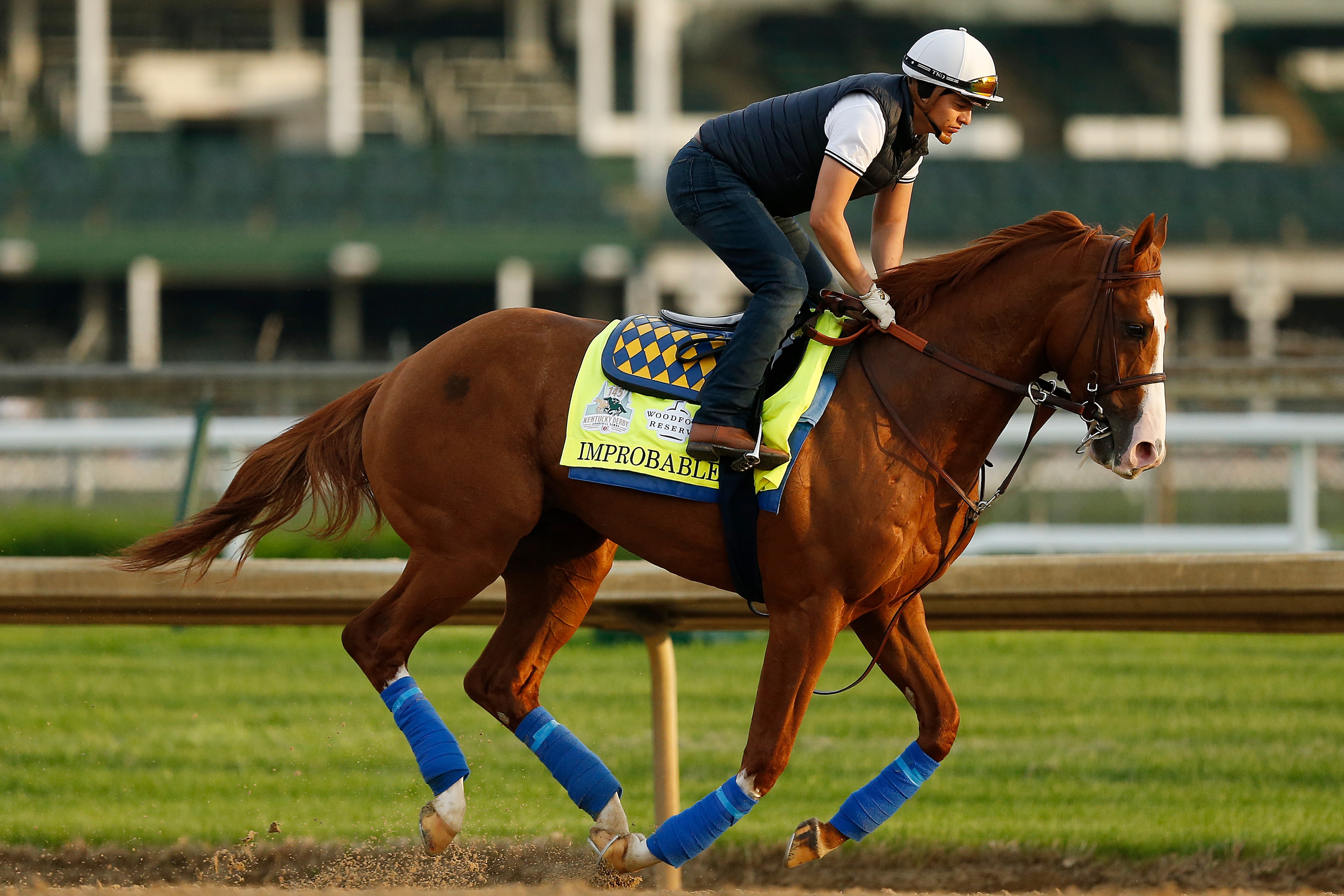 LOUISVILLE, KENTUCKY - MAY 01:  Improbable trains on the track during morning workouts in preparation for the 145th running of the Kentucky Derby at Churchill Downs on May 1, 2019 in Louisville, Kentucky. (Photo by Michael Reaves/Getty Images)
