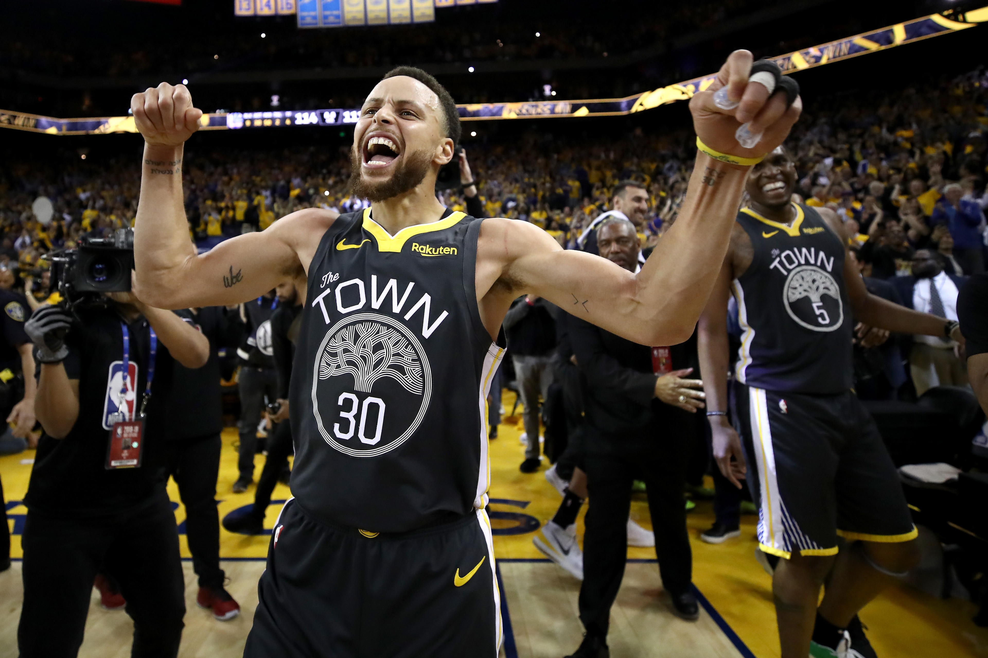 OAKLAND, CALIFORNIA - MAY 16:   Stephen Curry #30 of the Golden State Warriors celebrates after defeating the Portland Trail Blazers 114-111 in game two of the NBA Western Conference Finals at ORACLE Arena on May 16, 2019 in Oakland, California.  NOTE TO 