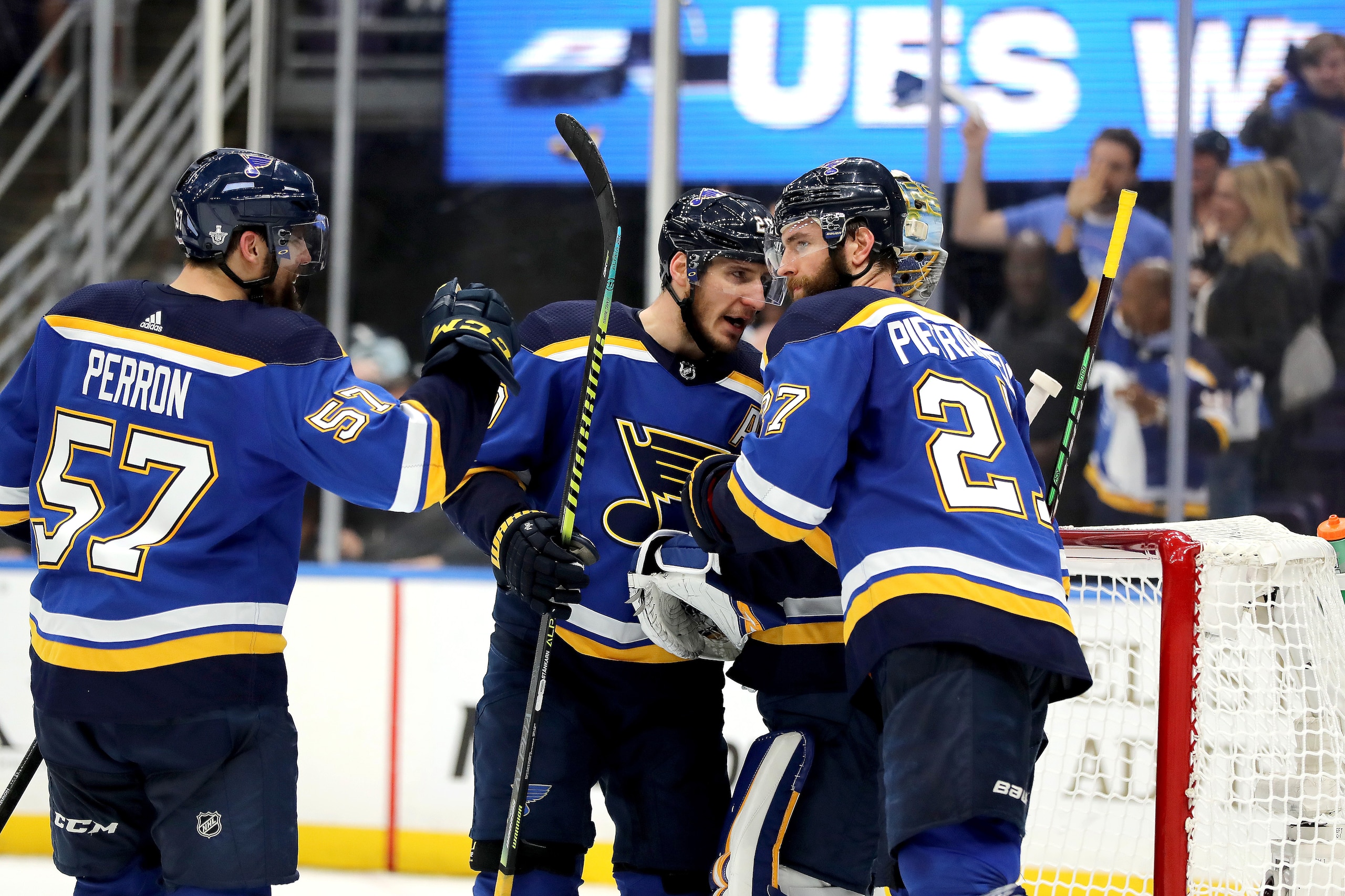 ST LOUIS, MISSOURI - MAY 17: David Perron #57, Alexander Steen #20, Alex Pietrangelo #27 and Jordan Binnington #50 of the St. Louis Blues celebrate after defeating the San Jose Sharks with a score of 2 to 1 in Game Four of the Western Conference Finals du