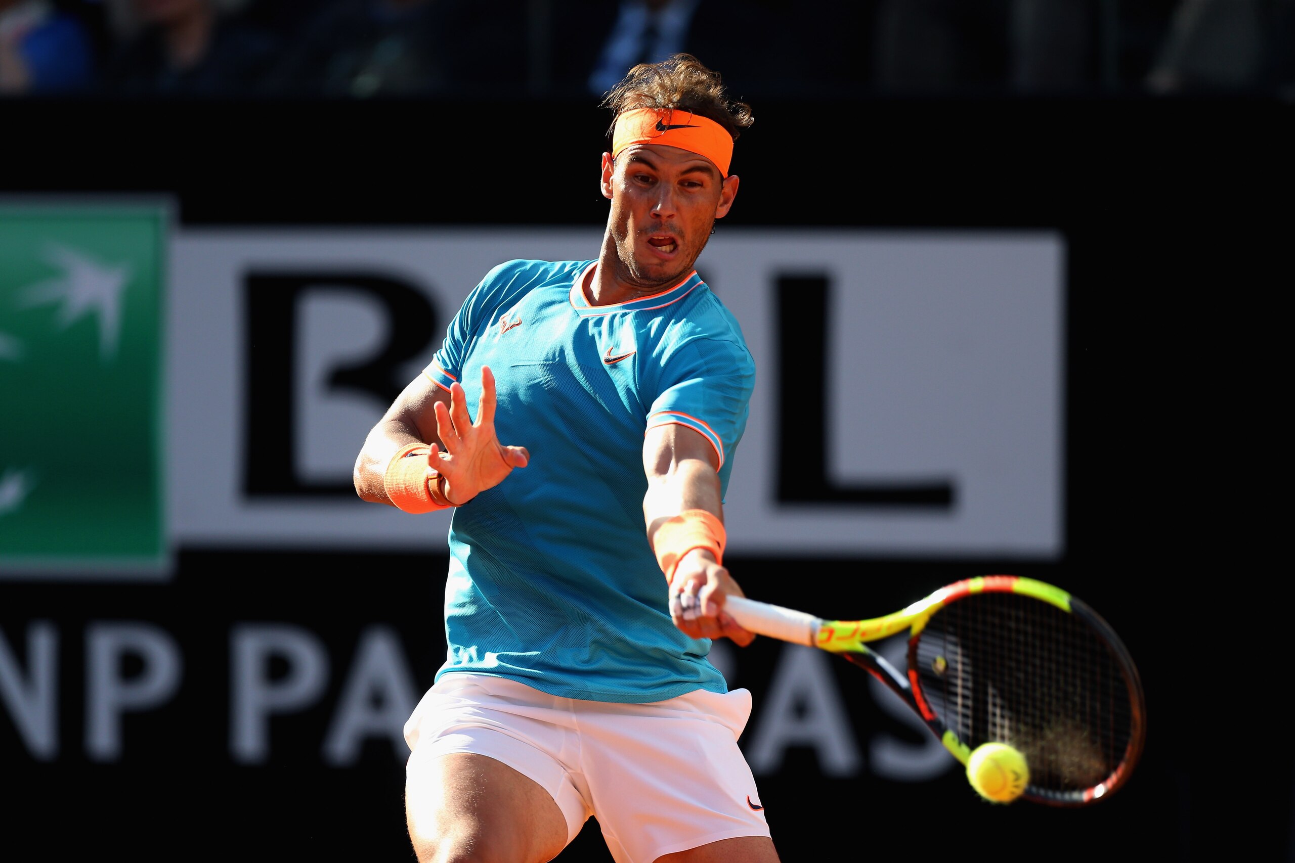 ROME, ITALY - MAY 19:  Rafael Nadal of Spain plays a forehand agaist Novak Djokovic of Serbia in their Men's singles final match during Day eight of the International BNL d'Italia at Foro Italico on May 19, 2019 in Rome, Italy.  (Photo by Paolo Bruno/Gett