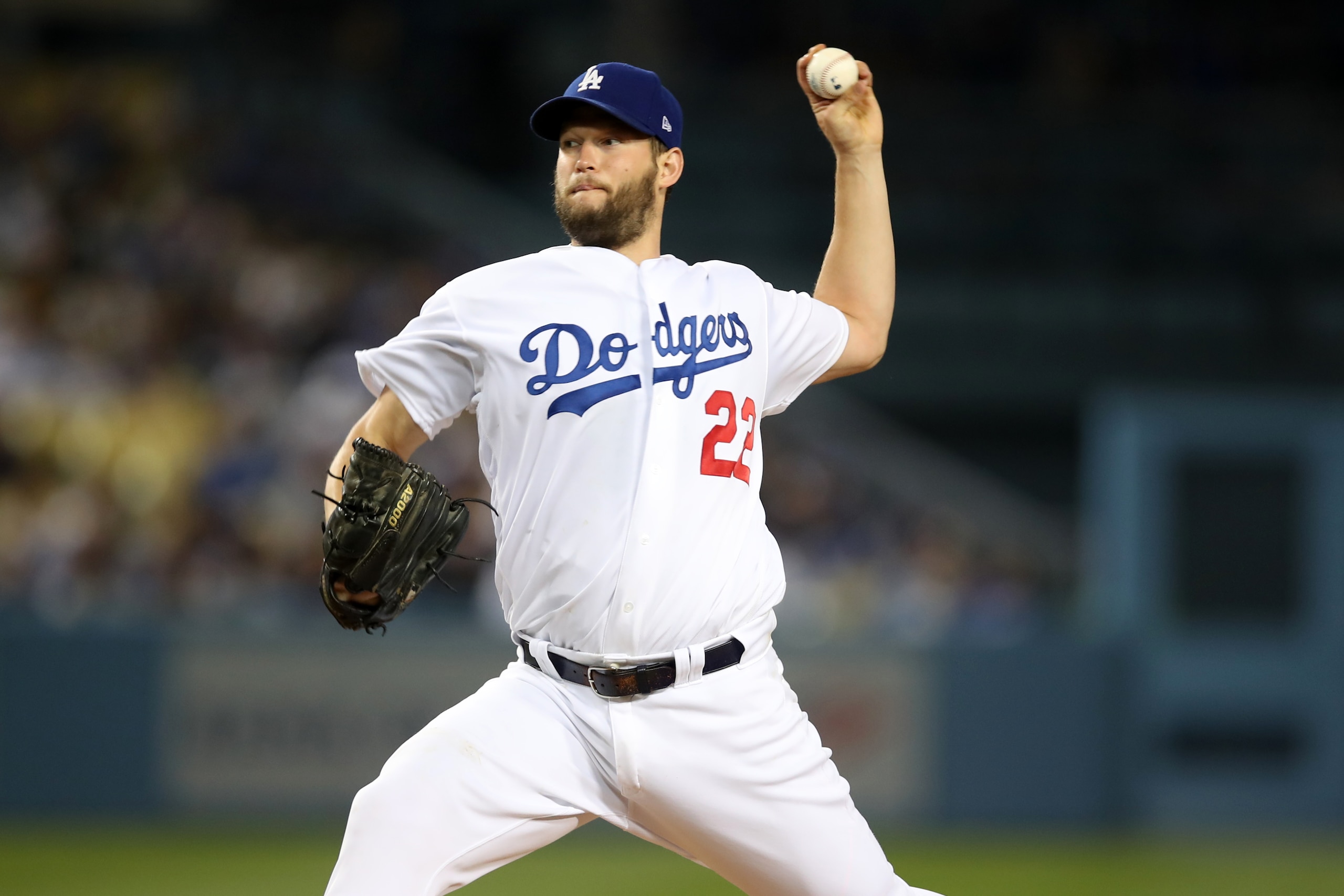 LOS ANGELES, CA - MAY 14:  Clayton Kershaw #22 of the Los Angeles Dodgers pitches during the game against the San Diego Padres at Dodger Stadium on May 14, 2019 in Los Angeles, California. The Dodgers defeated the Padres 6-3. (Photo by Rob Leiter/MLB Phot