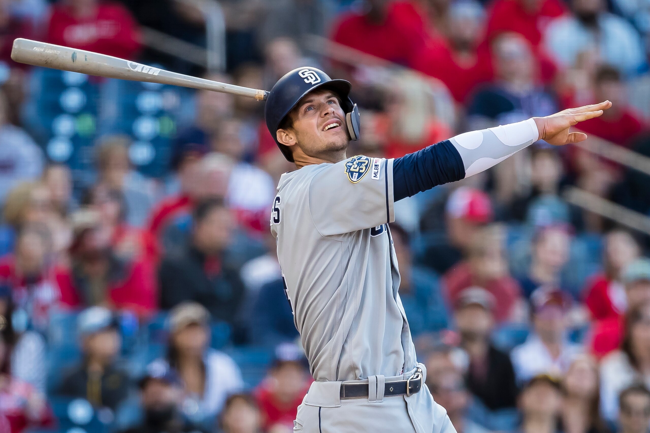 WASHINGTON, DC - April 27: Wil Myers #4 of the San Diego Padres at bat against the Washington Nationals during the eighth inning at Nationals Park on April 27, 2019 in Washington, DC. (Photo by Scott Taetsch/Getty Images)