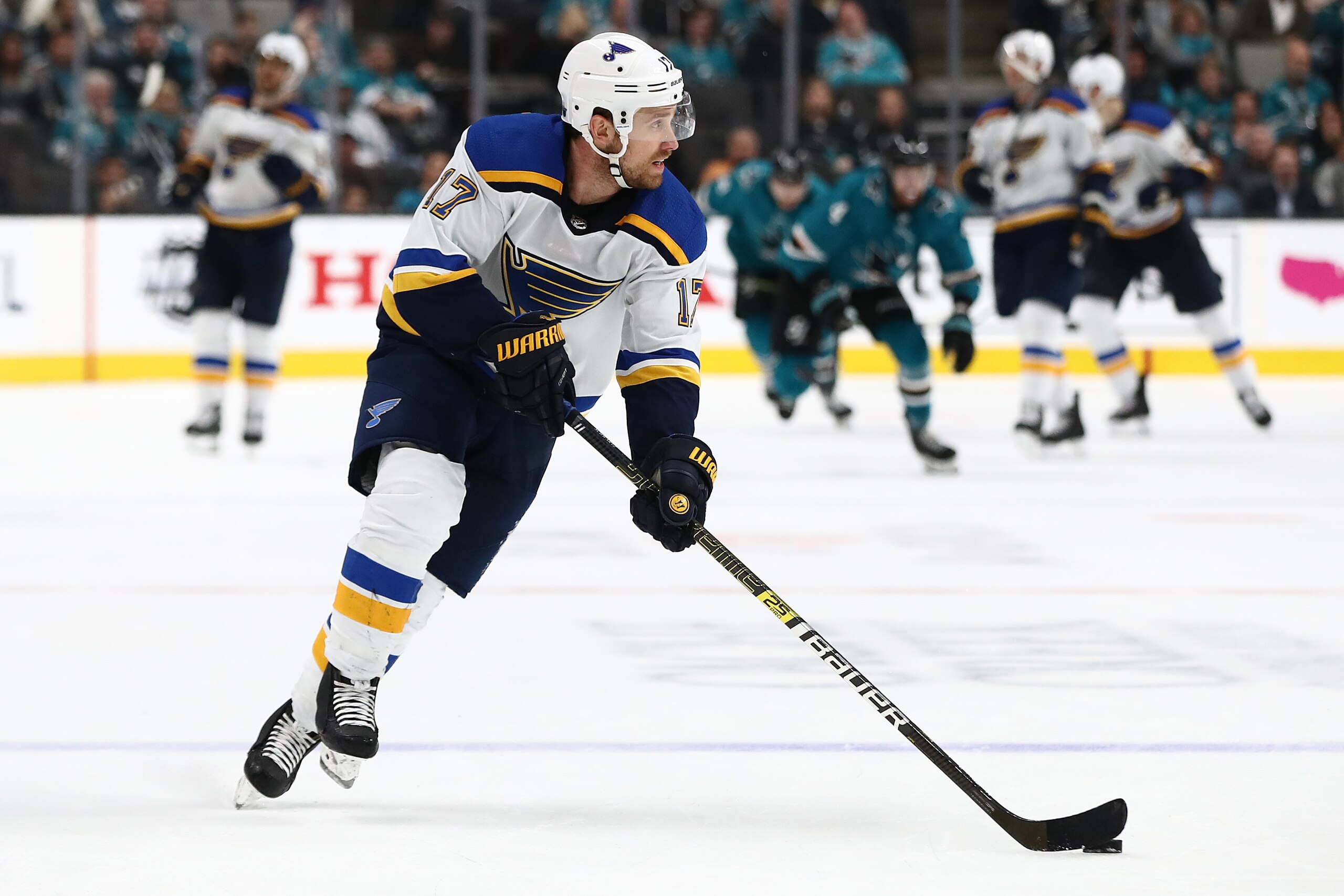 SAN JOSE, CALIFORNIA - MAY 19: Jaden Schwartz #17 of the St. Louis Blues controls the puck against the San Jose Sharks in Game Five of the Western Conference Final during the 2019 NHL Stanley Cup Playoffs at SAP Center on May 19, 2019 in San Jose, Califor