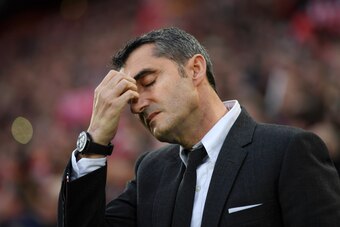 LIVERPOOL, ENGLAND - MAY 07:  Ernesto Valverde, Manager of Barcelona reacts during the UEFA Champions League Semi Final second leg match between Liverpool and Barcelona at Anfield on May 07, 2019 in Liverpool, England. (Photo by Shaun Botterill/Getty Imag