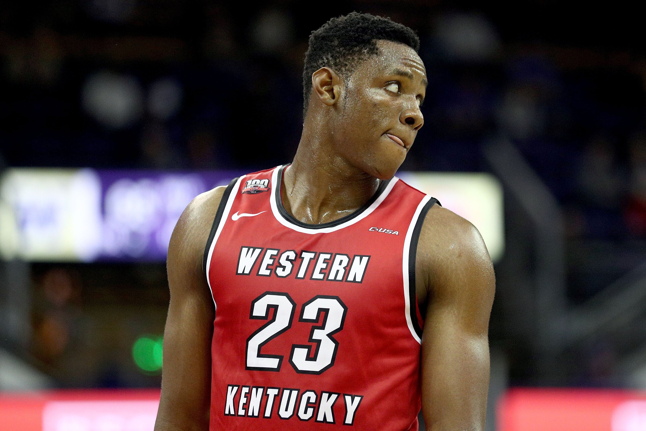 SEATTLE, WA - NOVEMBER 06:  Charles Bassey #23 of the Western Kentucky Hilltoppers reacts in the second half while taking on the Washington Huskies during their game at Hec Edmundson Pavilion on November 6, 2018 in Seattle, Washington.  (Photo by Abbie Pa