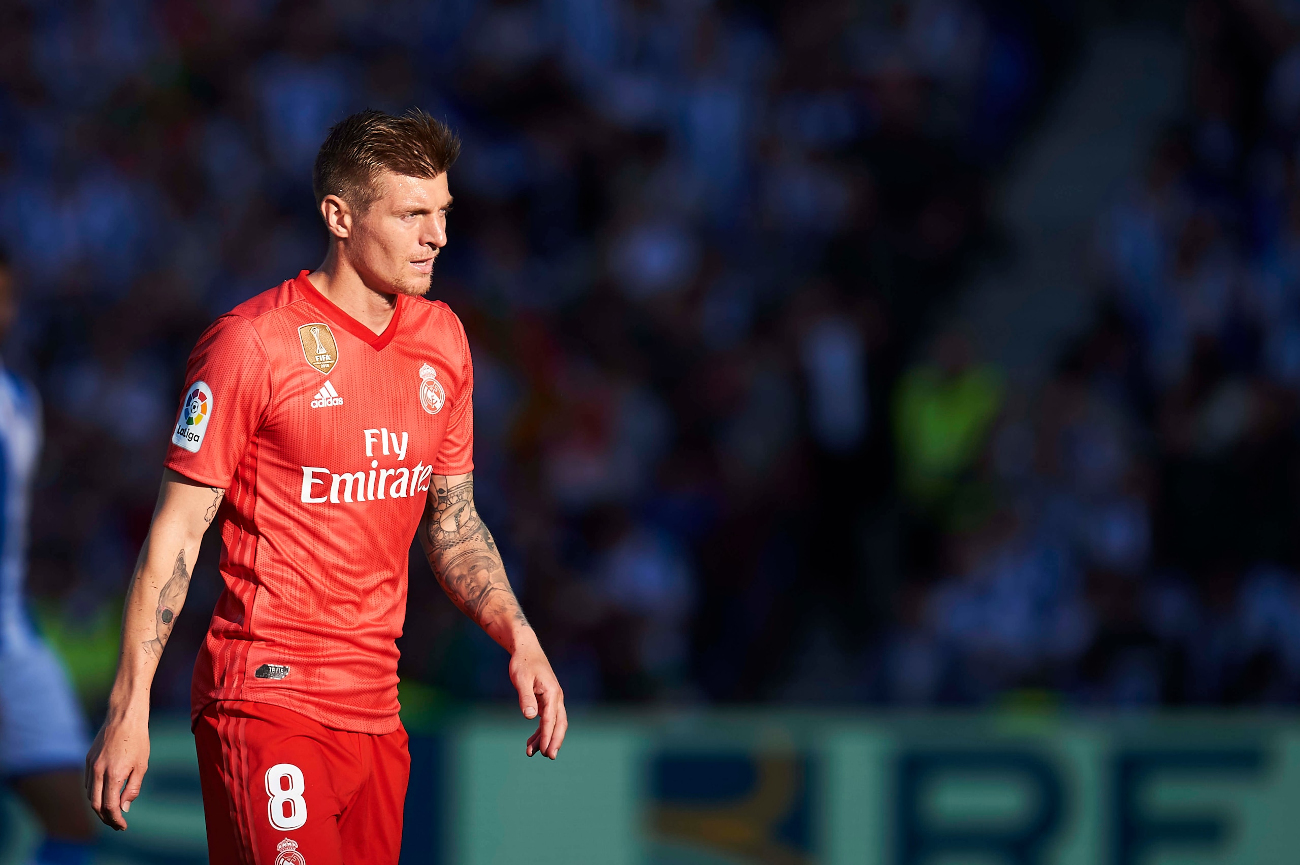 SAN SEBASTIAN, SPAIN - MAY 12: Toni Kroos of Real Madrid CF reacts during the La Liga match between Real Sociedad and Real Madrid CF at Estadio Anoeta on May 12, 2019 in San Sebastian, Spain. (Photo by Juan Manuel Serrano Arce/Getty Images)