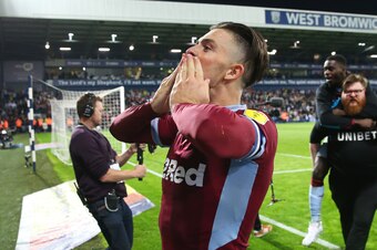 WEST BROMWICH, ENGLAND - MAY 14:  Jack Grealish of Aston Villa celebrates victory in the penalty shoot out after the Sky Bet Championship Play-off semi final second leg match between West Bromwich Albion and Aston Villa at The Hawthorns on May 14, 2019 in