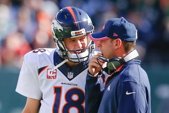 Peyton Manning and new Jets head coach Adam Gase in Denver.