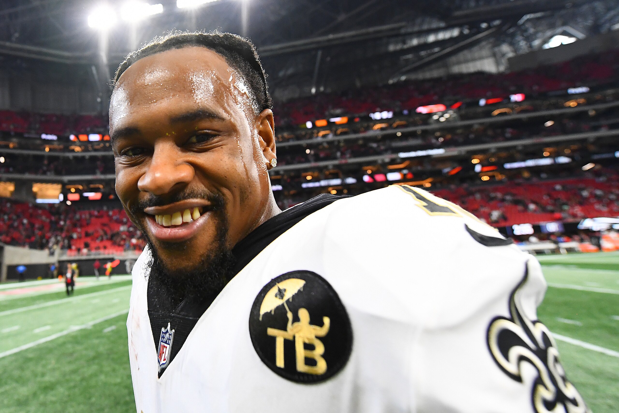 ATLANTA, GA - SEPTEMBER 23: Ted Ginn Jr. #19 of the New Orleans Saints celebrates after the game against the Atlanta Falcons at Mercedes-Benz Stadium on September 23, 2018 in Atlanta, Georgia. (Photo by Scott Cunningham/Getty Images) ATLANTA, GA - SEPTEMBER 23: Ted Ginn Jr. #19 of the New Orleans Saints celebrates after the game against the Atlanta Falcons at Mercedes-Benz Stadium on September 23, 2018 in Atlanta, Georgia. (Photo by Scott Cunningham/Getty Images)