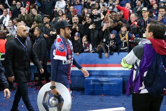 PARIS, FRANCE - MAY 18: Neymar Jr celebrates winning the 'French Championship 2019' during the trophy ceremony following the French Ligue 1 match between Paris Saint-Germain and Dijon FCO at Parc des Princes stadium on May 18, 2019 in Paris, France. (Phot