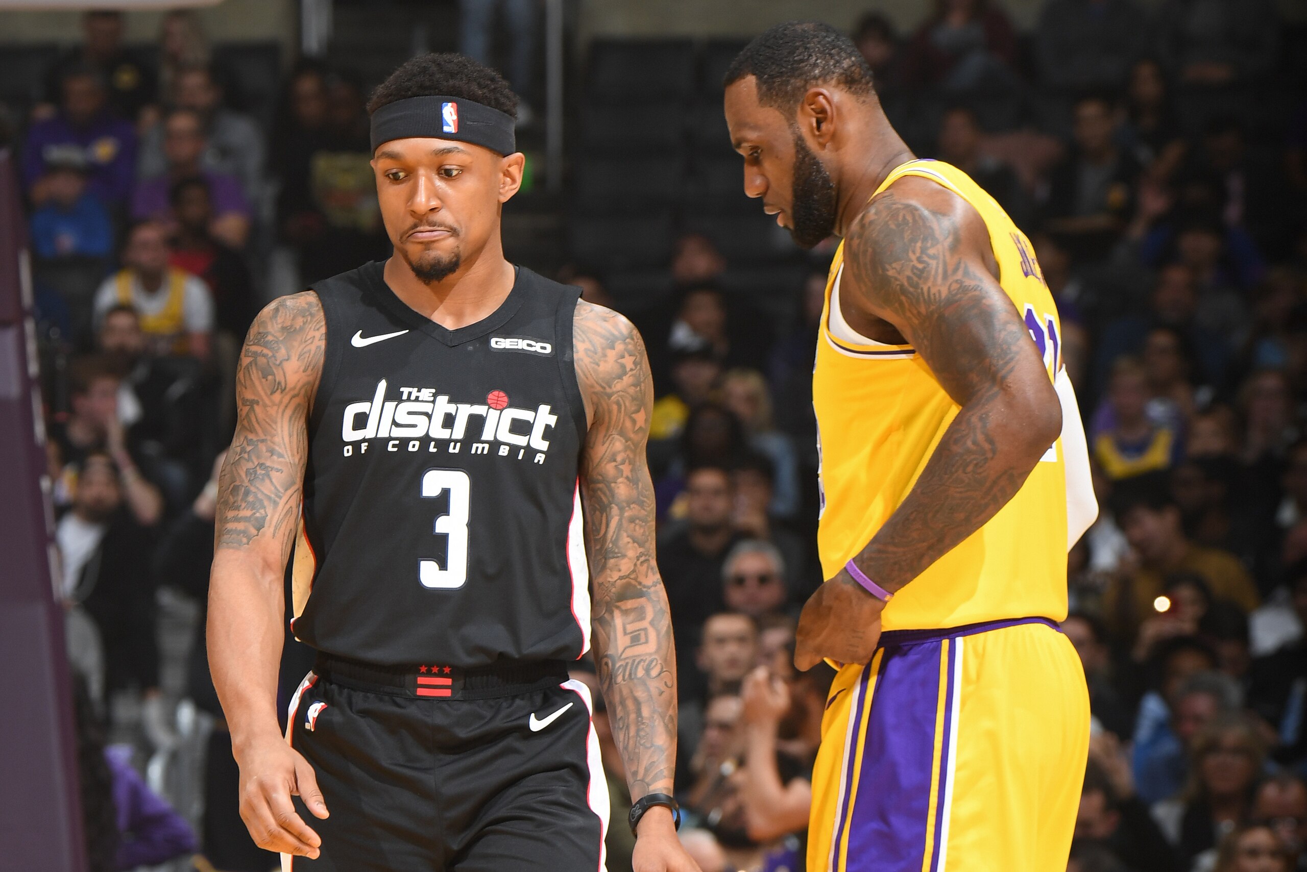 LOS ANGELES, CA - MARCH 26:  Bradley Beal #3 of the Washington Wizards and LeBron James #23 of the Los Angeles Lakers look on during the game on March 26, 2019 at STAPLES Center in Los Angeles, California. NOTE TO USER: User expressly acknowledges and agr