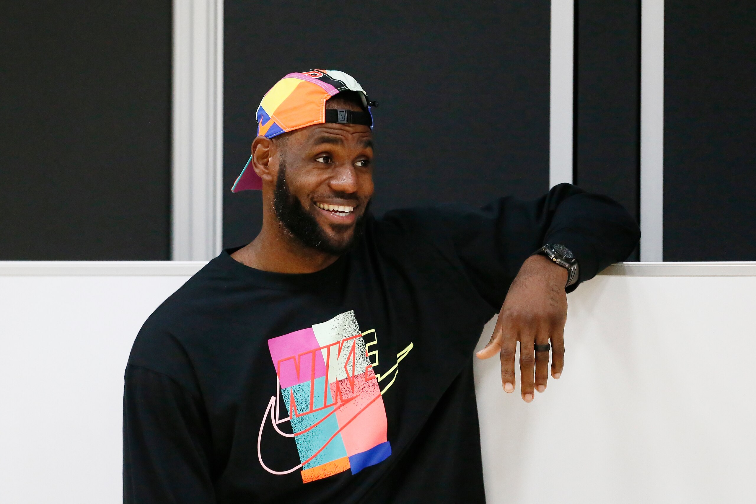 EL SEGUNDO, CA - MAY 20: LeBron James #23 of the Los Angeles Lakers smiles and looks on during a press conference to introduce Frank Vogel as the new head coach on May 20, 2019 at the UCLA Health Training Center in El Segundo, California. NOTE TO USER: Us
