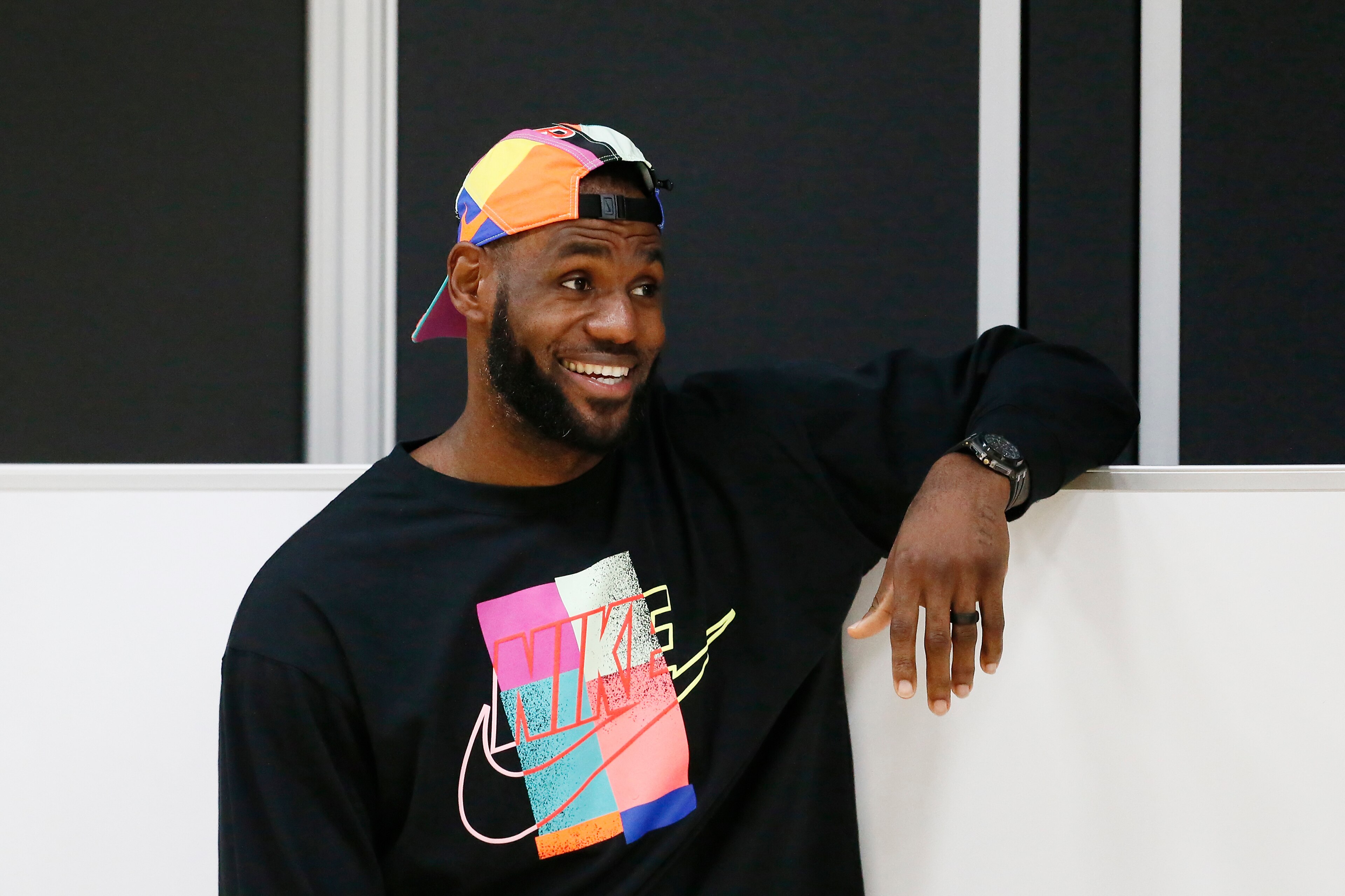 EL SEGUNDO, CA - MAY 20: LeBron James #23 of the Los Angeles Lakers smiles and looks on during a press conference to introduce Frank Vogel as the new head coach on May 20, 2019 at the UCLA Health Training Center in El Segundo, California. NOTE TO USER: Us
