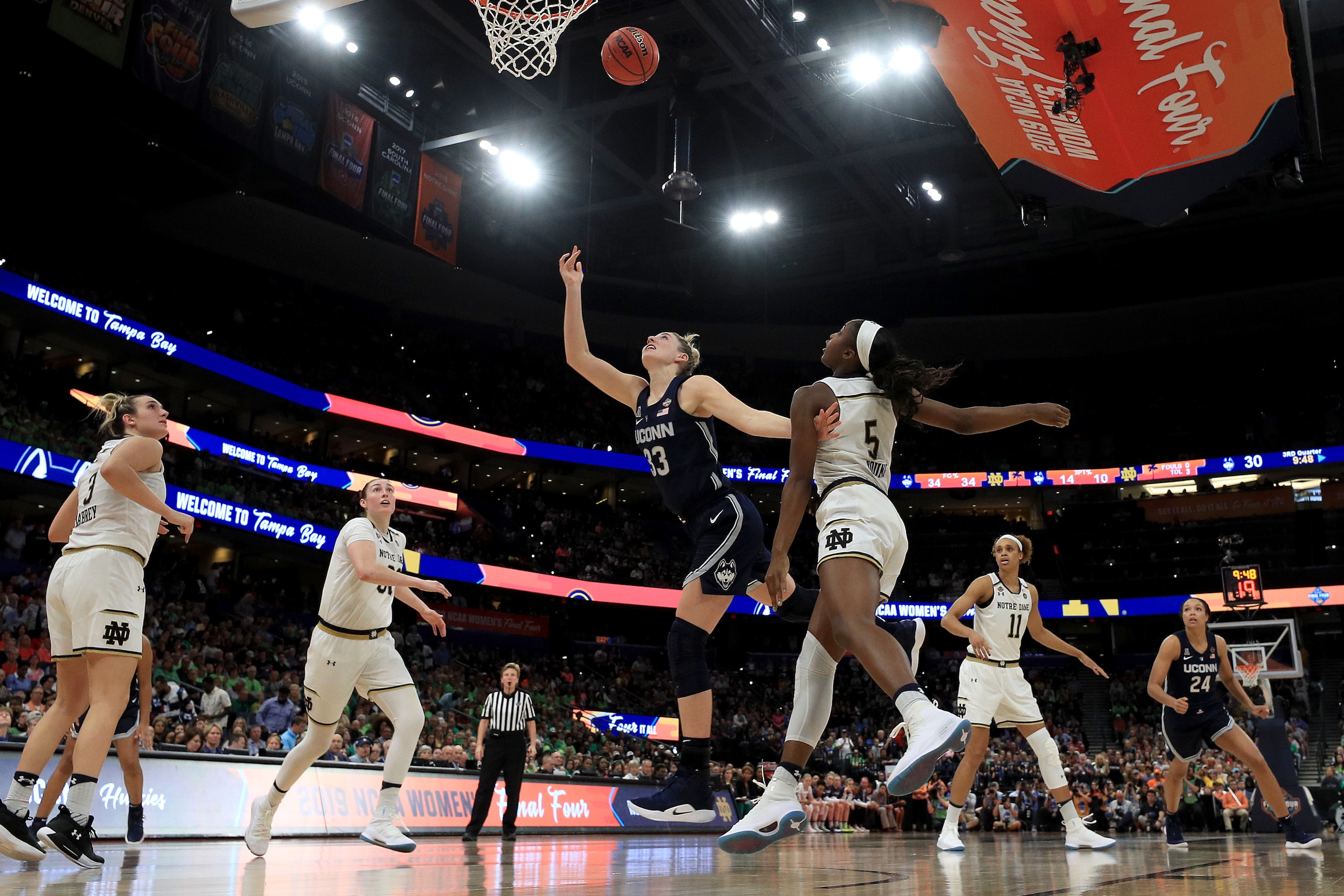 TAMPA, FLORIDA - APRIL 05: Katie Lou Samuelson #33 of the UConn Huskies attempts a shot against the Notre Dame Fighting Irish during the third quarter in the semifinals of the 2019 NCAA Women's Final Four at Amalie Arena on April 05, 2019 in Tampa, Flori TAMPA, FLORIDA - APRIL 05: Katie Lou Samuelson #33 of the UConn Huskies attempts a shot against the Notre Dame Fighting Irish during the third quarter in the semifinals of the 2019 NCAA Women's Final Four at Amalie Arena on April 05, 2019 in Tampa, Flori
